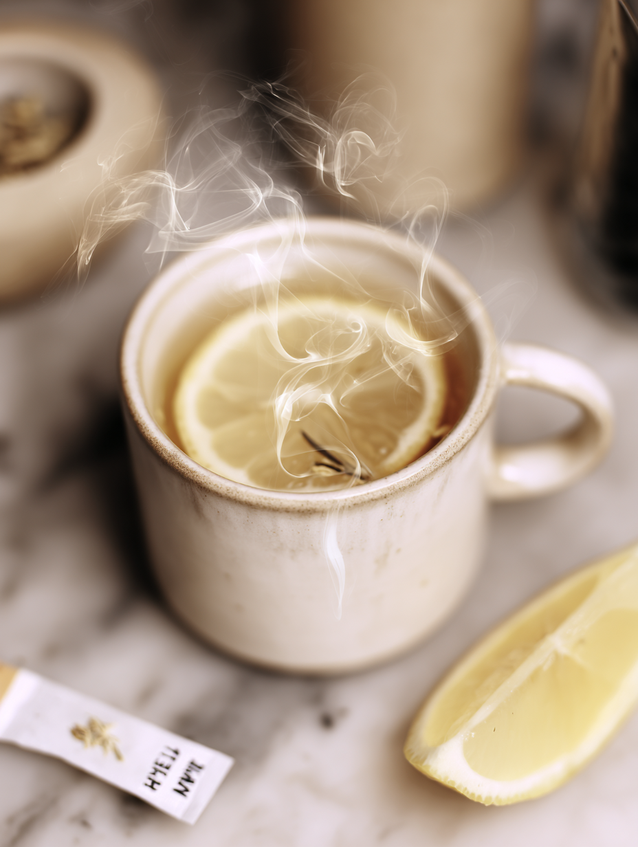 Xícara de cerâmica bege com chá quente, fatia de limão flutuante, vapor delicado, sobre superfície de mármore, atmosfera acolhedora e suavemente iluminada.