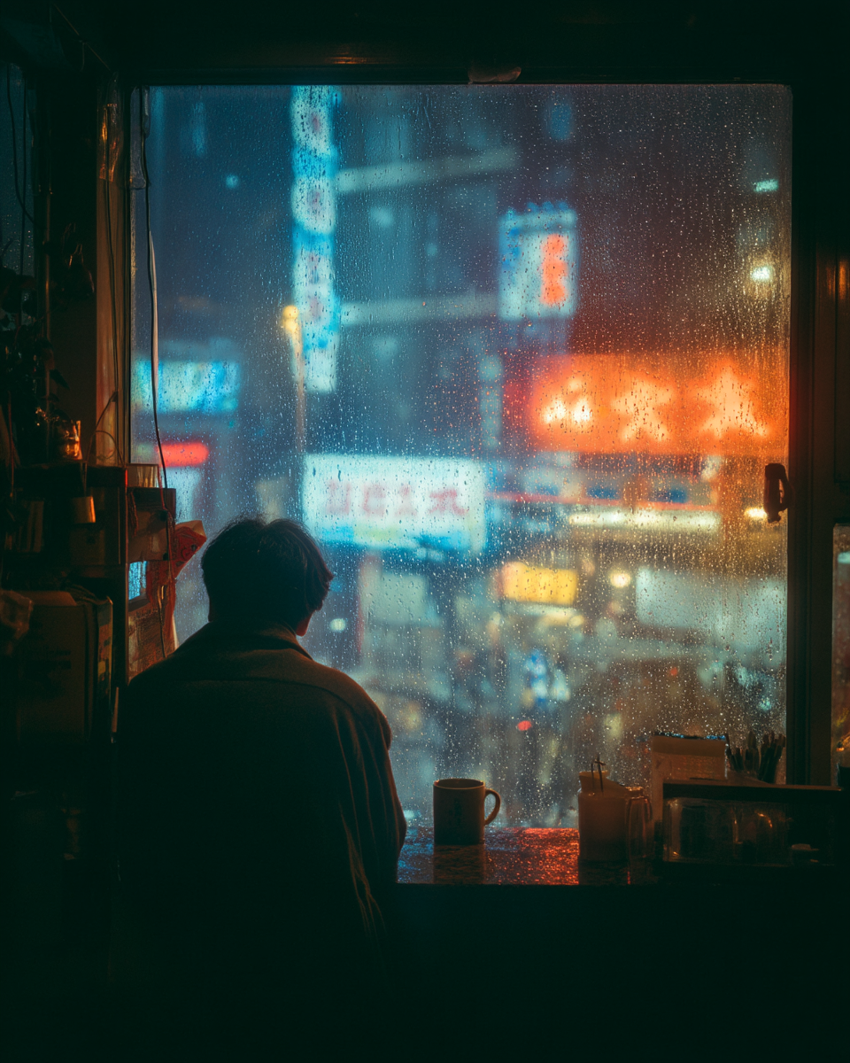 A contemplative figure seated by a window on a rainy evening, gazing at the vibrant city lights blurred by raindrops. The scene captures a cozy café atmosphere, with a warm cup on the table, creating a sense of solitude amidst urban life.