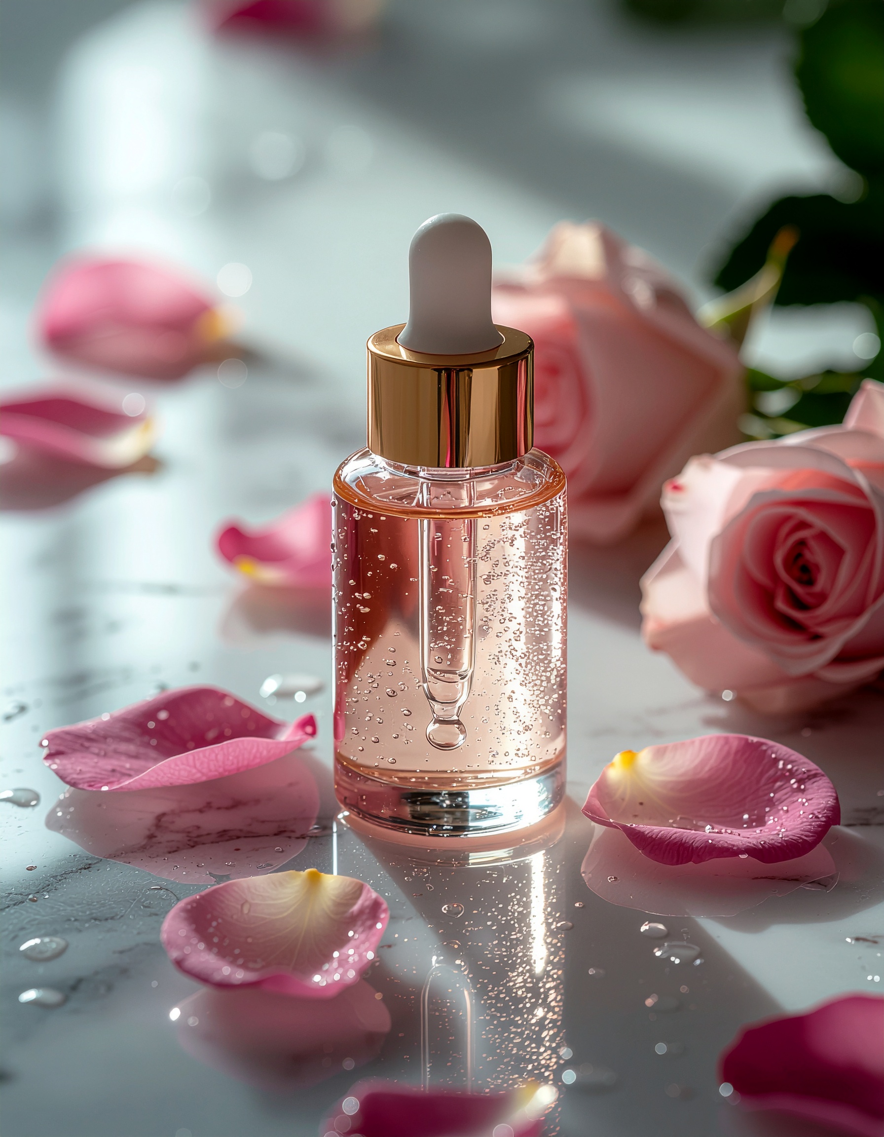 A luxurious glass dropper bottle sits on a reflective marble surface, surrounded by delicate pink