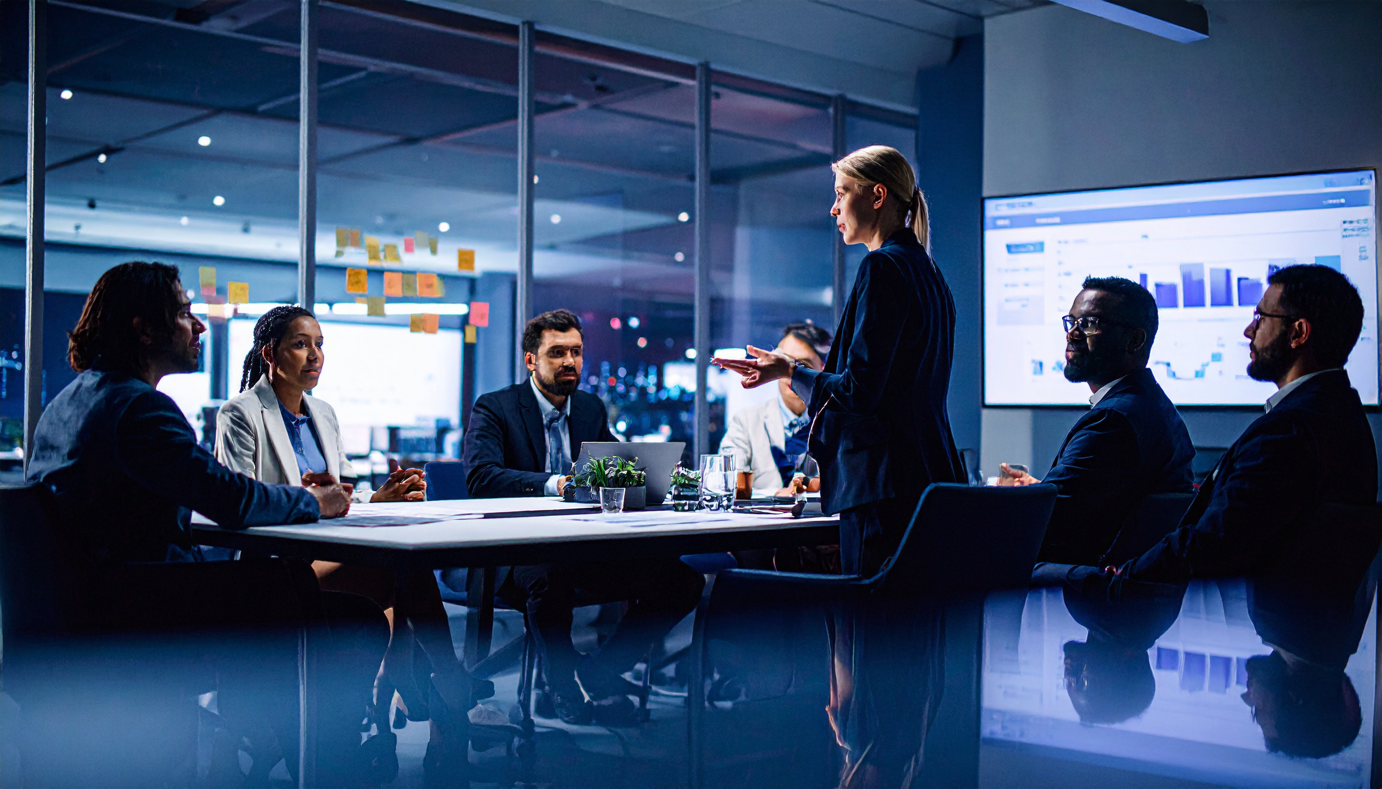 Grupo de profissionais em uma reunião de negócios noturna em escritório moderno com janelas de vidro, discutindo estratégias com gráficos projetados, transmitindo colaboração e foco.