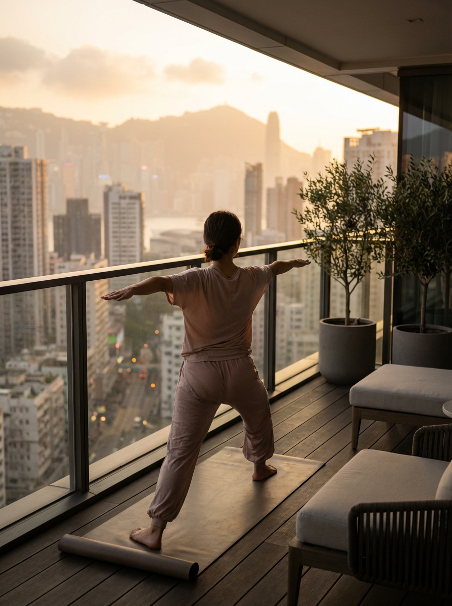 A woman practices yoga on a high-rise balcony at sunset, overlooking a cityscape
