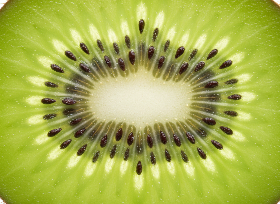 Um close-up impressionante de uma fatia de kiwi, destacando suas sementes pretas e polpa verde vibrante. Ideal para quem busca ingredientes frescos e saudáveis para alimentação equilibrada. A textura e as cores contrastantes capturam visualmente a atenção, tornando-o um elemento chamativo em campanhas de marketing. Perfeito para uso em fotos de cardápios, embalagens de alimentos ou postagens nas redes sociais de blogs de culinária. A imagem de alta qualidade realça o frescor e a naturalidade da fruta.