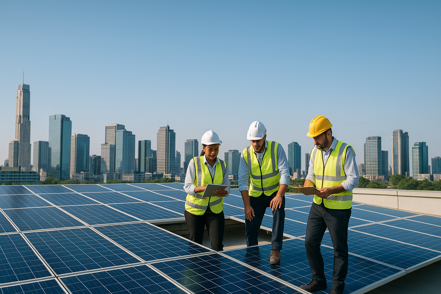 Três profissionais de energia solar, usando coletes de segurança e capacetes, analisam dados em um tablet enquanto trabalham em um telhado coberto por painéis solares, com um skyline urbano ao fundo em um dia ensolarado.