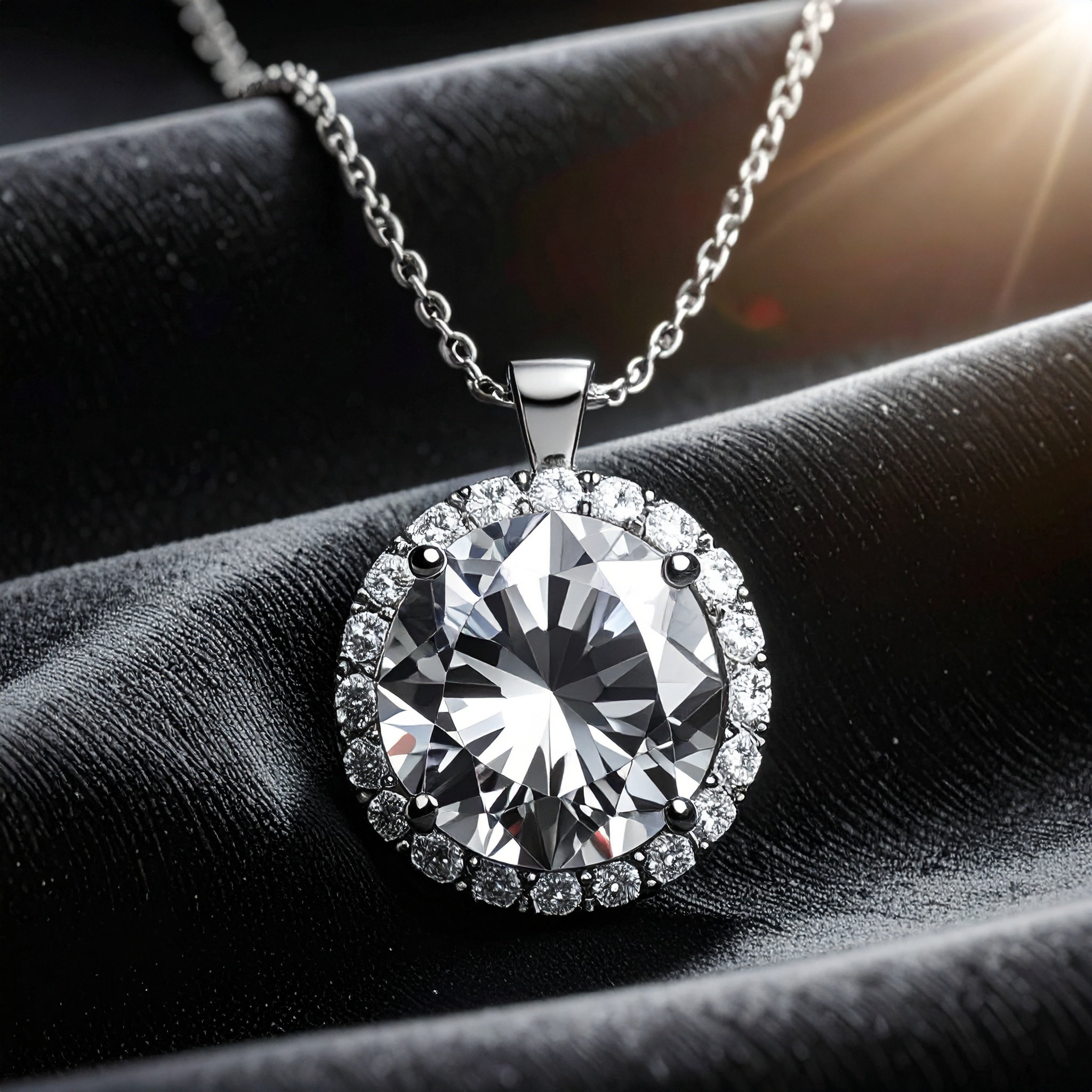 Colar de prata com pingente de diamante central cercado por pedras menores, sobre tecido preto texturizado e iluminação suave realçando o brilho das gemas.