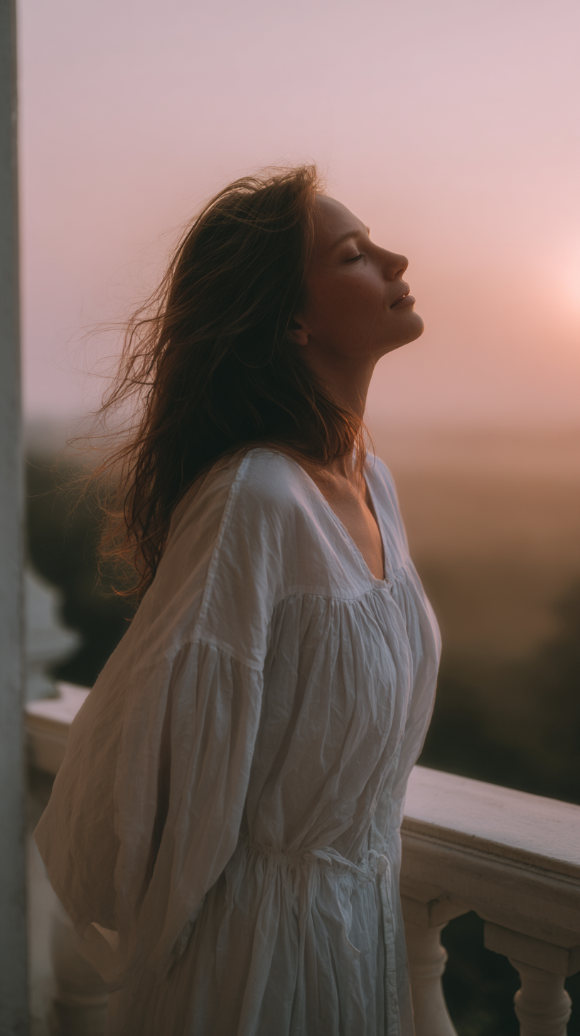 A contemplative woman in a white flowing dress stands on a balcony, gazing at the sunset with her eyes closed, surrounded by a serene landscape. The soft pastel colors of the sky create a tranquil atmosphere, highlighting the beauty of nature and the peaceful moment.