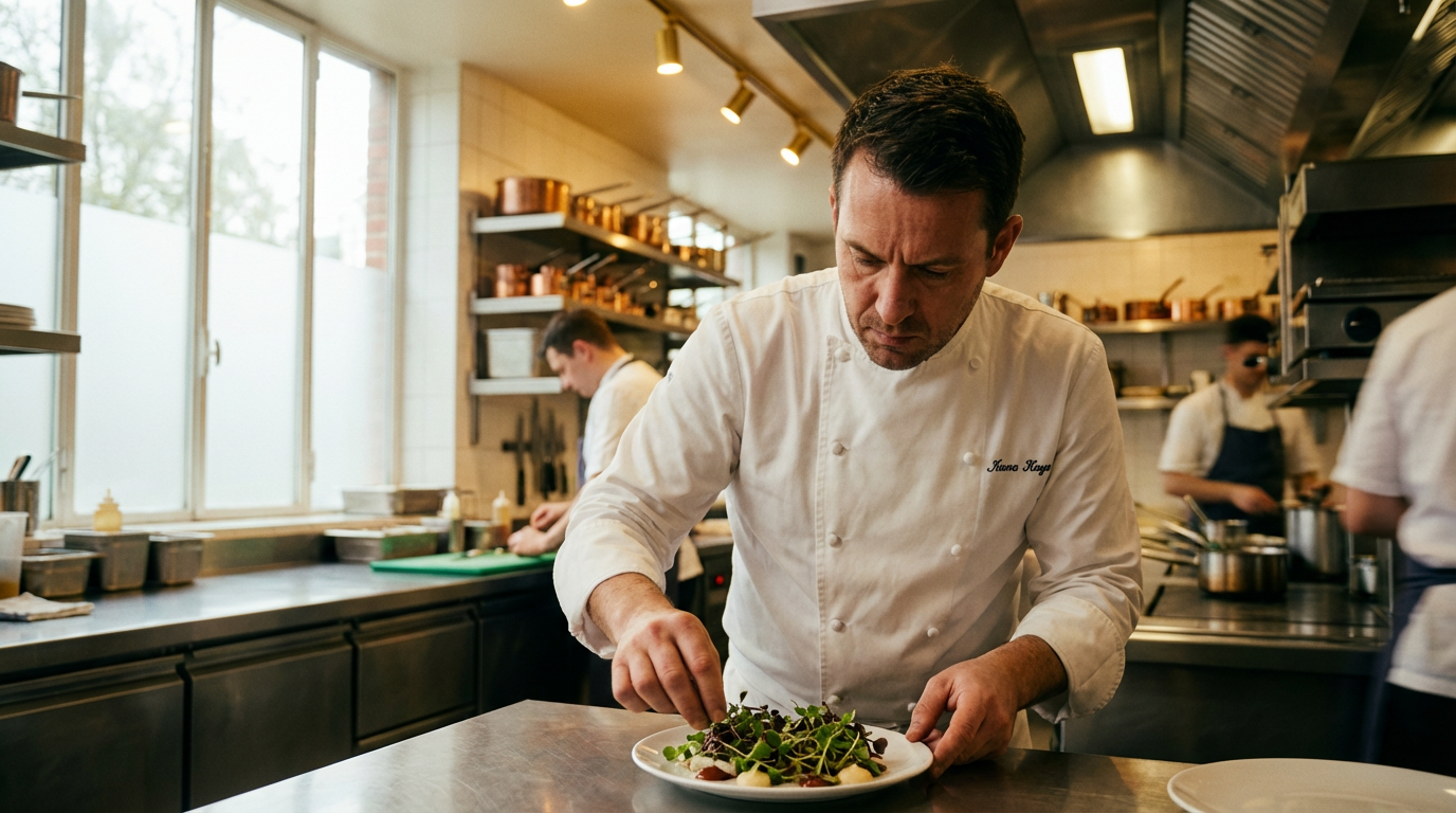 A chef meticulously garnishes a dish in a professional kitchen setting