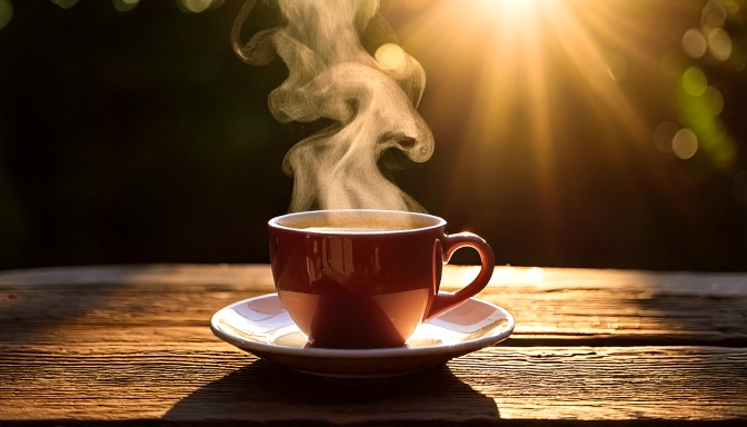 Xícara de café fumegante sob luz dourada do sol, destacando sombras suaves e reflexos no esmalte. O cenário é uma mesa rústica de madeira, com composição harmoniosa. A fumaça adiciona movimento e textura, enquanto o fundo desfocado sugere uma manhã tranquila ao ar livre. A iluminação cria um efeito caloroso e convidativo, com foco no centro da imagem.
