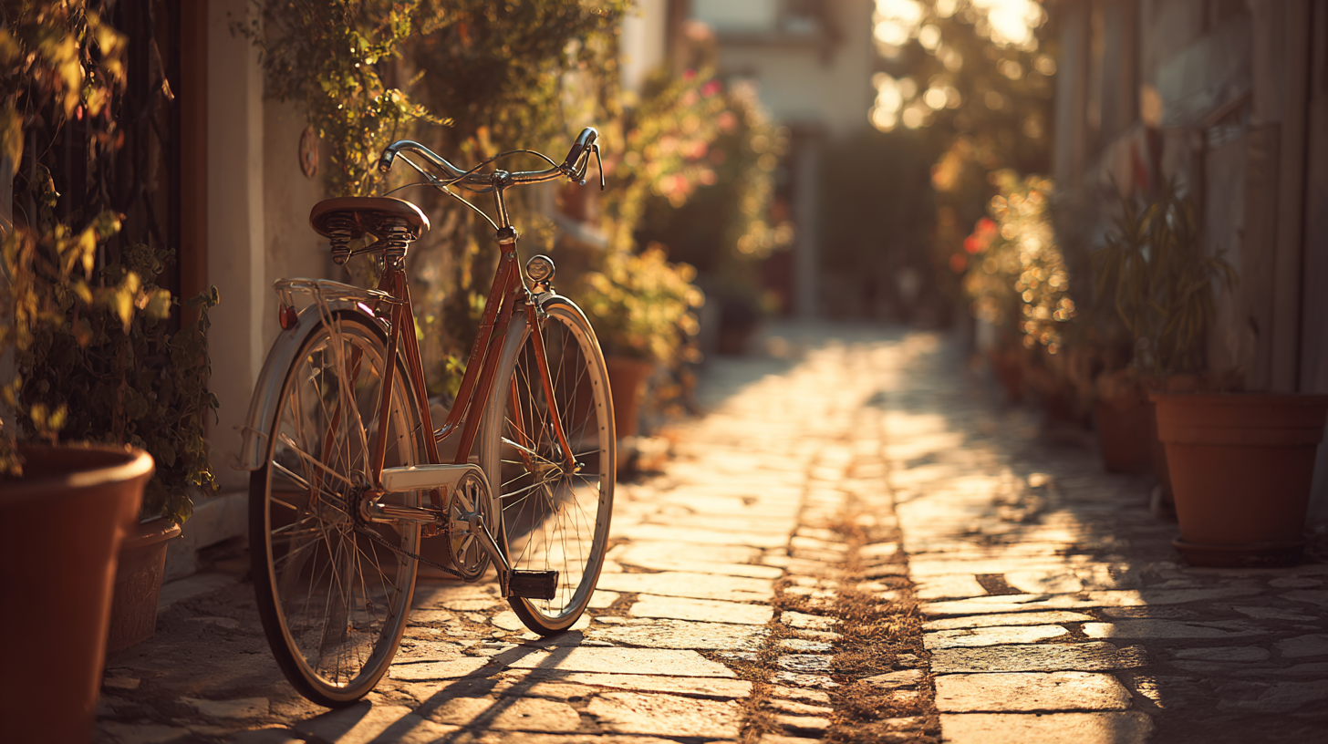 Uma bicicleta clássica encostada em um caminho de pedras, cercada por plantas em vasos e iluminada pela luz do pôr do sol. A cena transmite uma atmosfera tranquila e nostálgica, ideal para amantes de ciclismo e passeios ao ar livre.