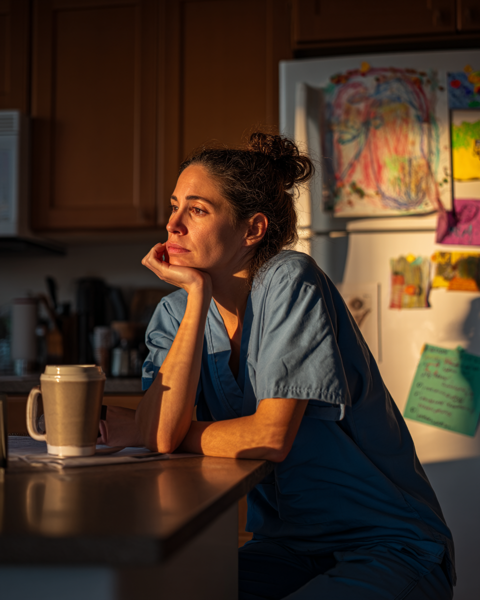 Uma profissional de saúde em roupas de scrubs azuis, pensativa, sentada em uma mesa de cozinha iluminada pelo sol da tarde, com uma caneca de café ao lado e desenhos coloridos de crianças na geladeira ao fundo.