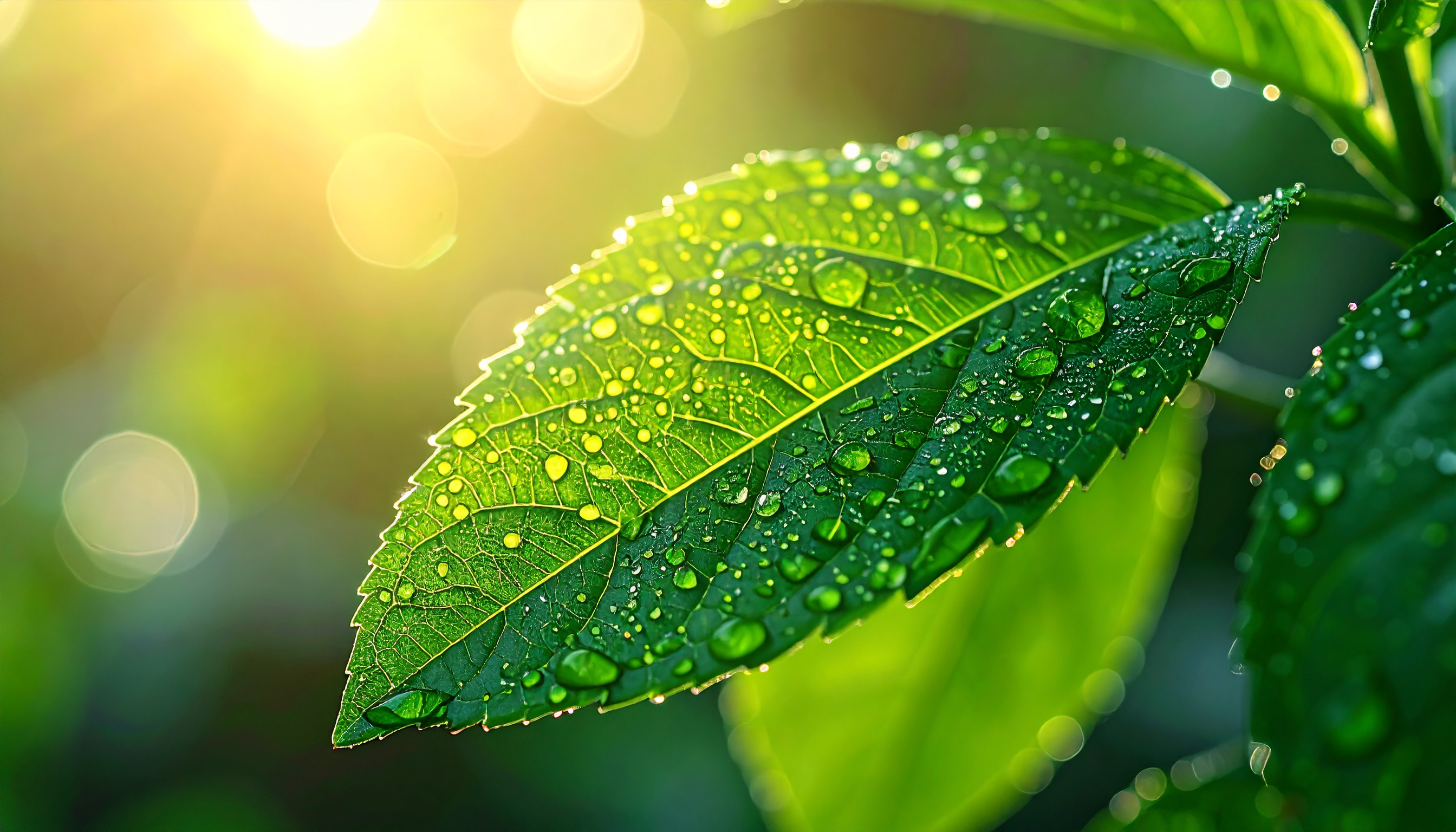 Folha verde vibrante com gotas de água brilhando ao sol, textura detalhada e veias visíveis, iluminação dramática com tons de verde-limão e amarelo dourado.