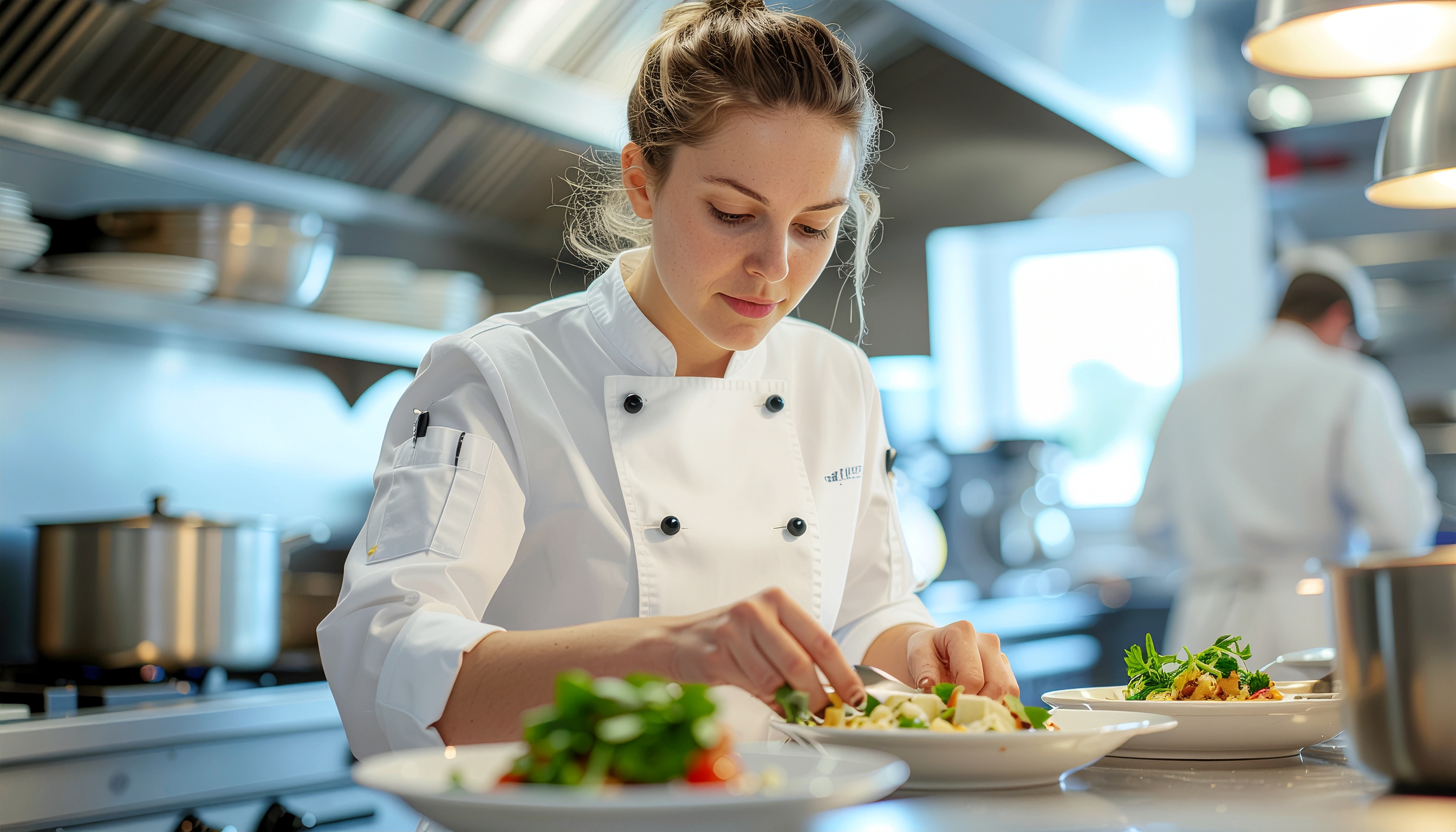 A focused chef prepares a dish in a professional kitchen
