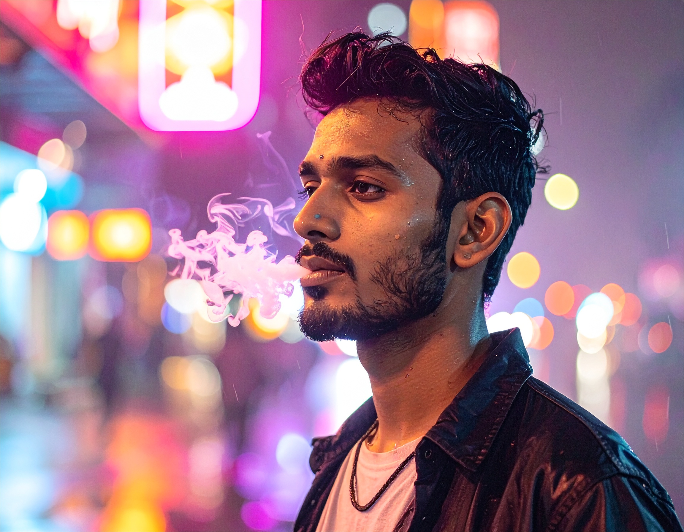 A young man exhales a cloud of smoke on a vibrant city street at night