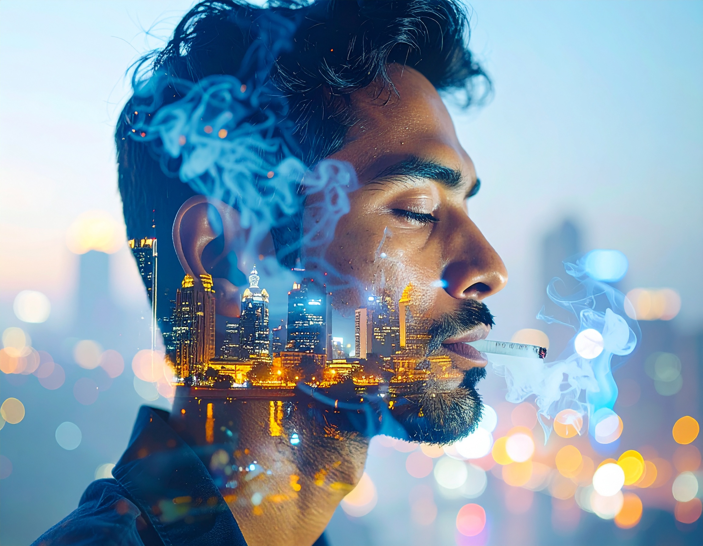 A contemplative man smokes against a city skyline backdrop