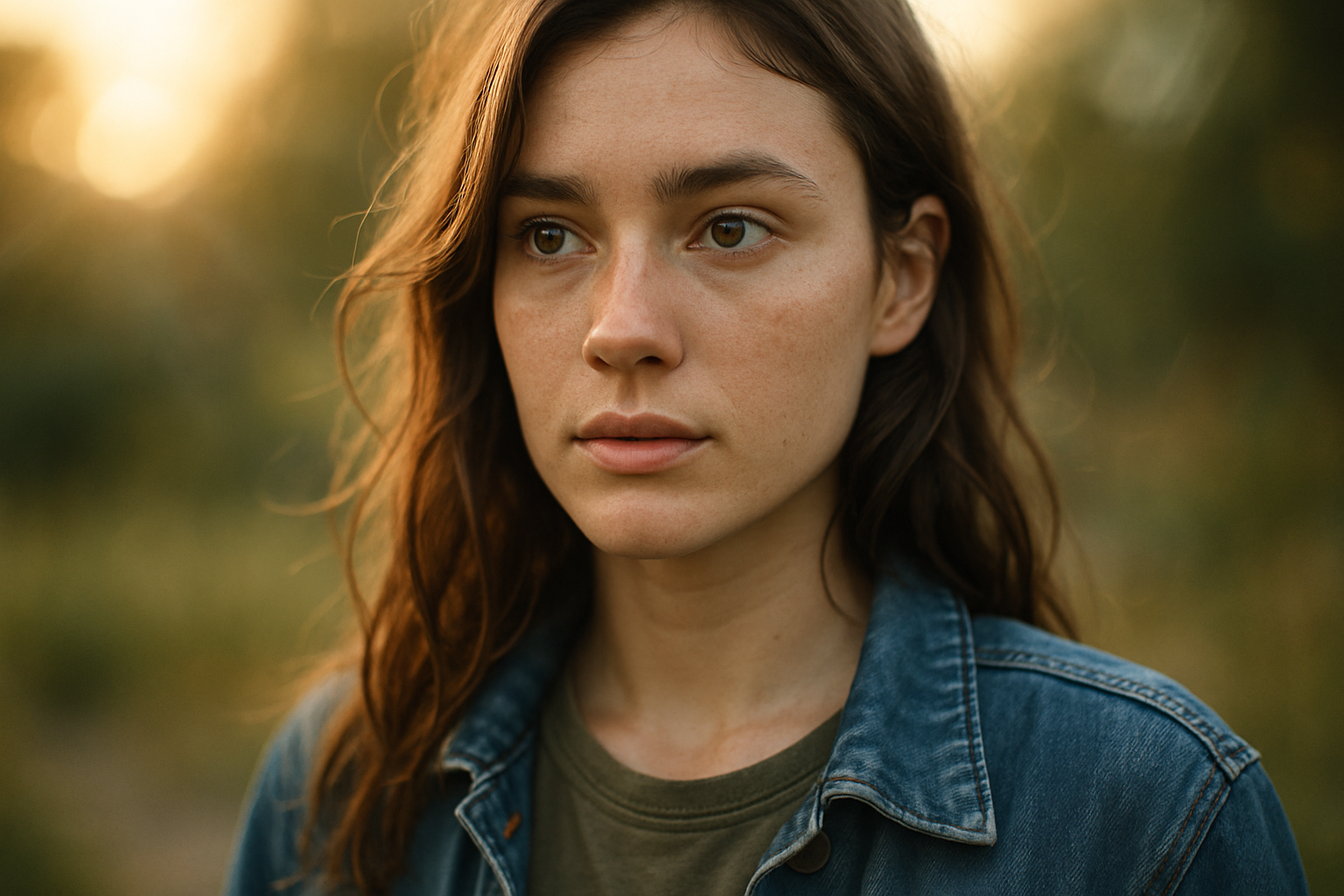 Retrato de uma jovem mulher com cabelo castanho claro, usando uma jaqueta jeans, em um ambiente natural ao entardecer. A luz suave do sol ilumina seu rosto, destacando suas feições serenas e expressivas.