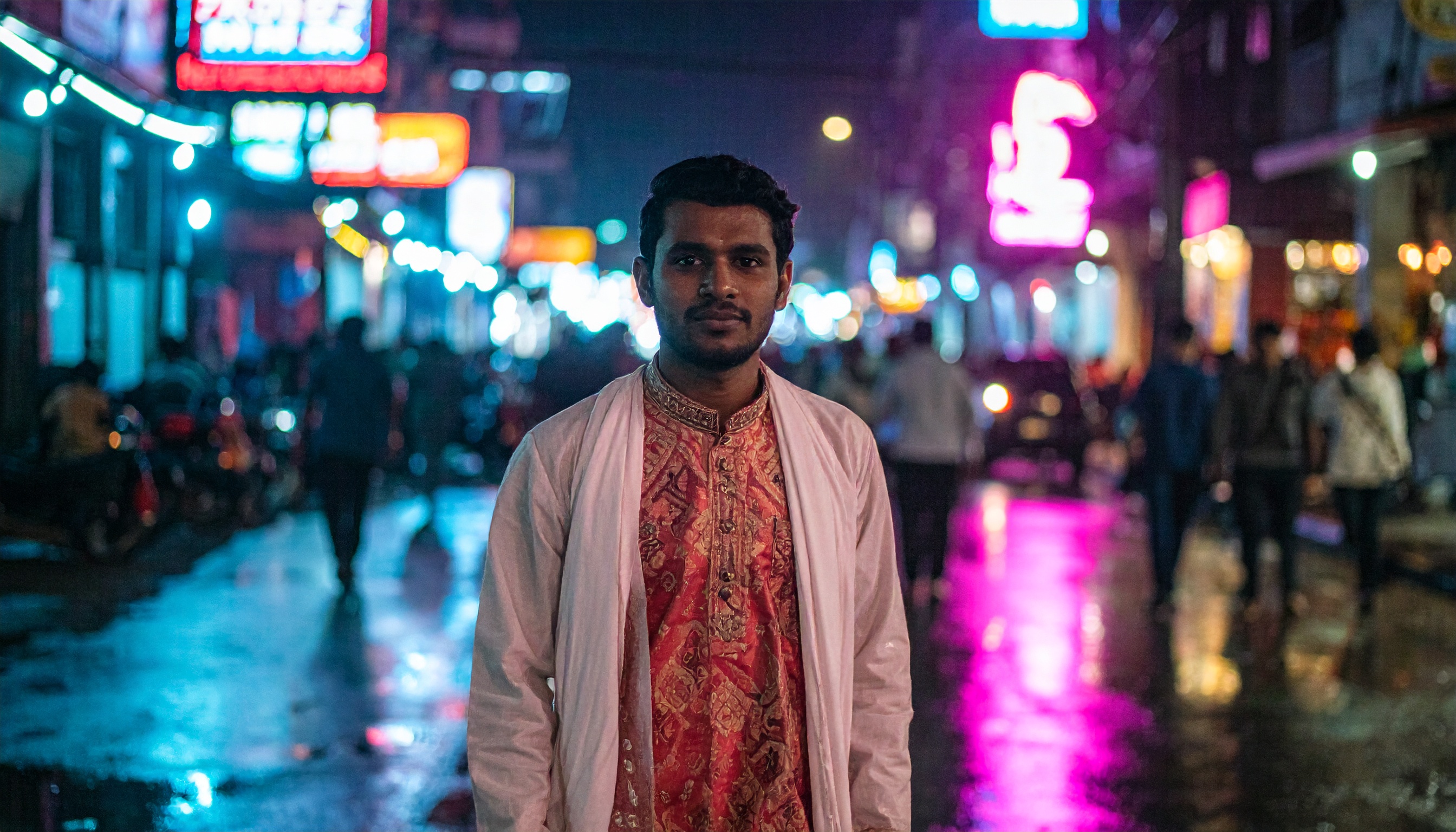 A young man stands confidently on a vibrant city street at night