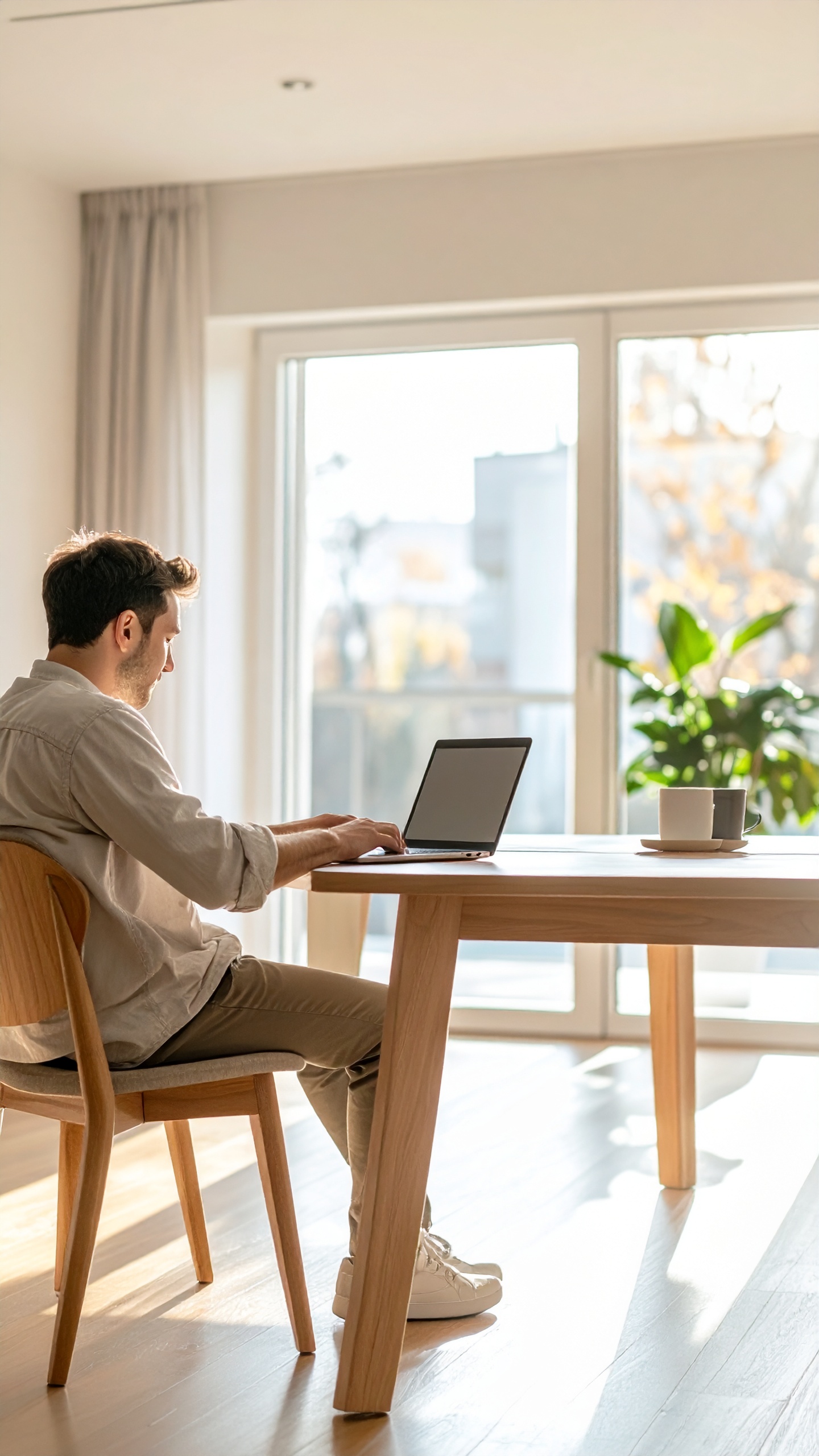 A man works on a laptop at a modern wooden table in a sunlit room