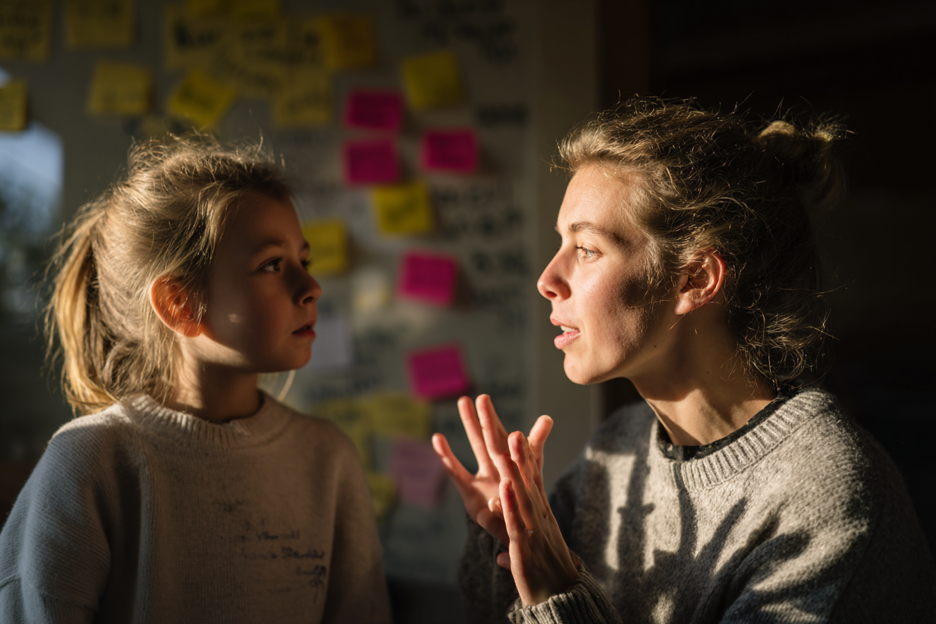 Uma mãe e sua filha conversando em um ambiente iluminado, com post-its coloridos ao fundo. A mãe gesticula enquanto fala, mostrando um momento de conexão e diálogo entre gerações.