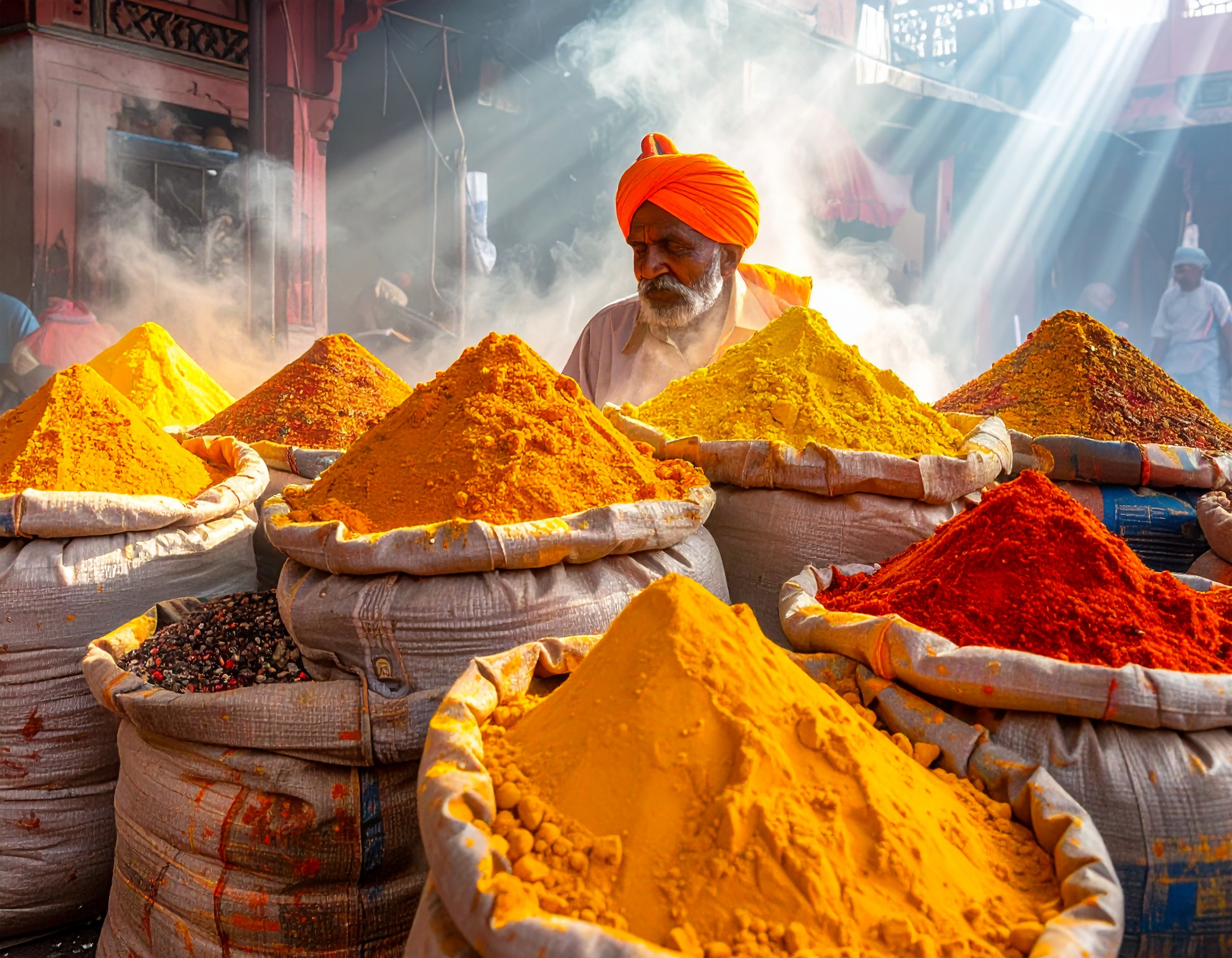 Vibrant spices in an open market with sunlight filtering through