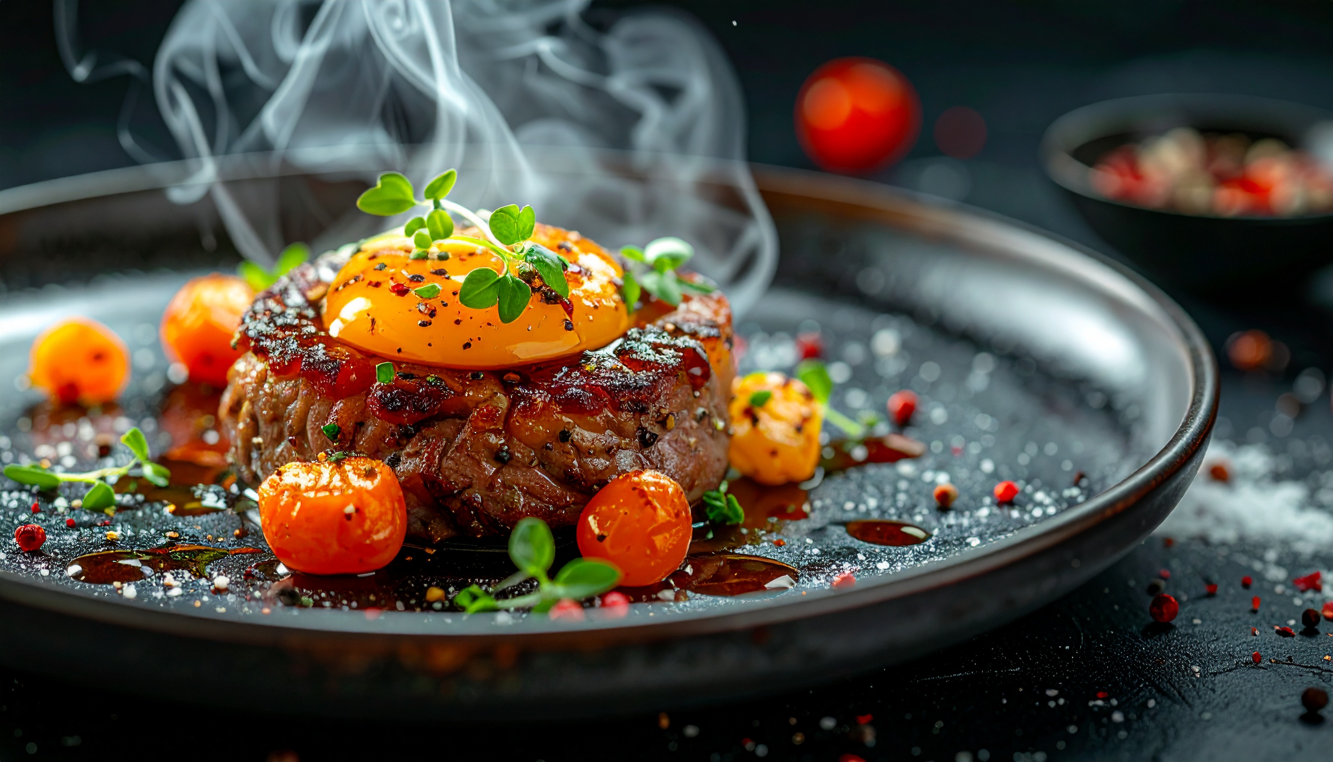 Um prato gourmet apresenta um suculento bife coberto por uma gema de ovo brilhante, cercado por tomates cereja e ervas frescas. A fumaça sutil eleva o apelo visual, enquanto a iluminação destaca as cores vibrantes e os detalhes da textura da carne. A composição é centralizada em um ângulo baixo, enfatizando a elegância do prato sobre um fundo escuro.