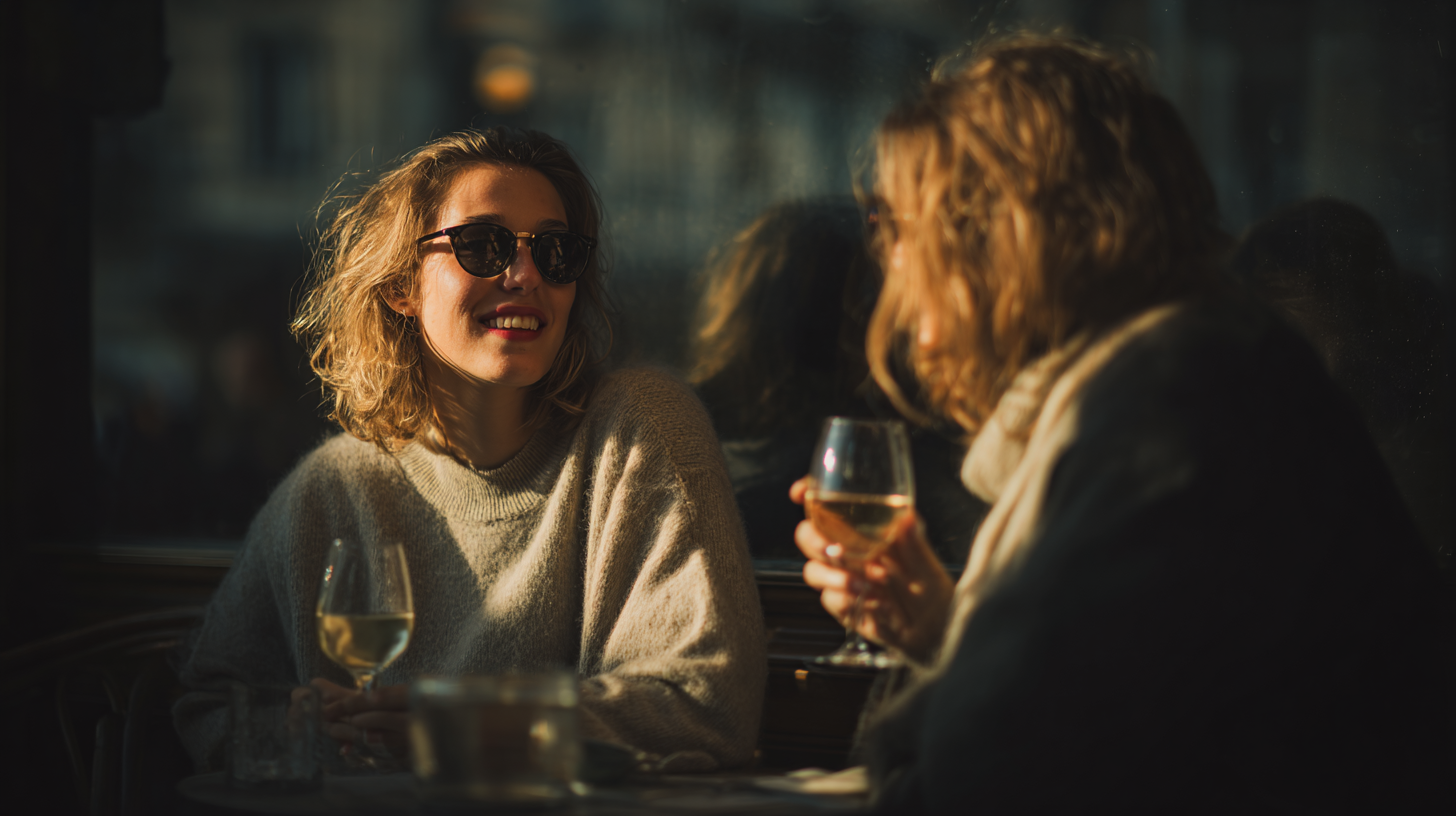 Duas mulheres conversando em um café, uma delas usando óculos escuros e um suéter aconchegante, enquanto seguram taças de vinho. A luz do sol ilumina a cena, criando um ambiente acolhedor e descontraído.