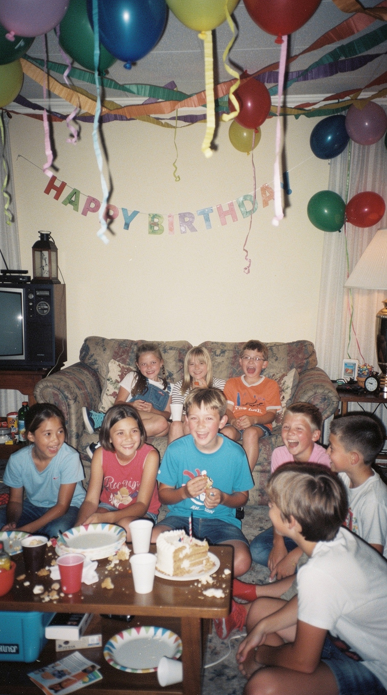 A lively children's birthday party features colorful balloons and a 'Happy Birthday' banner