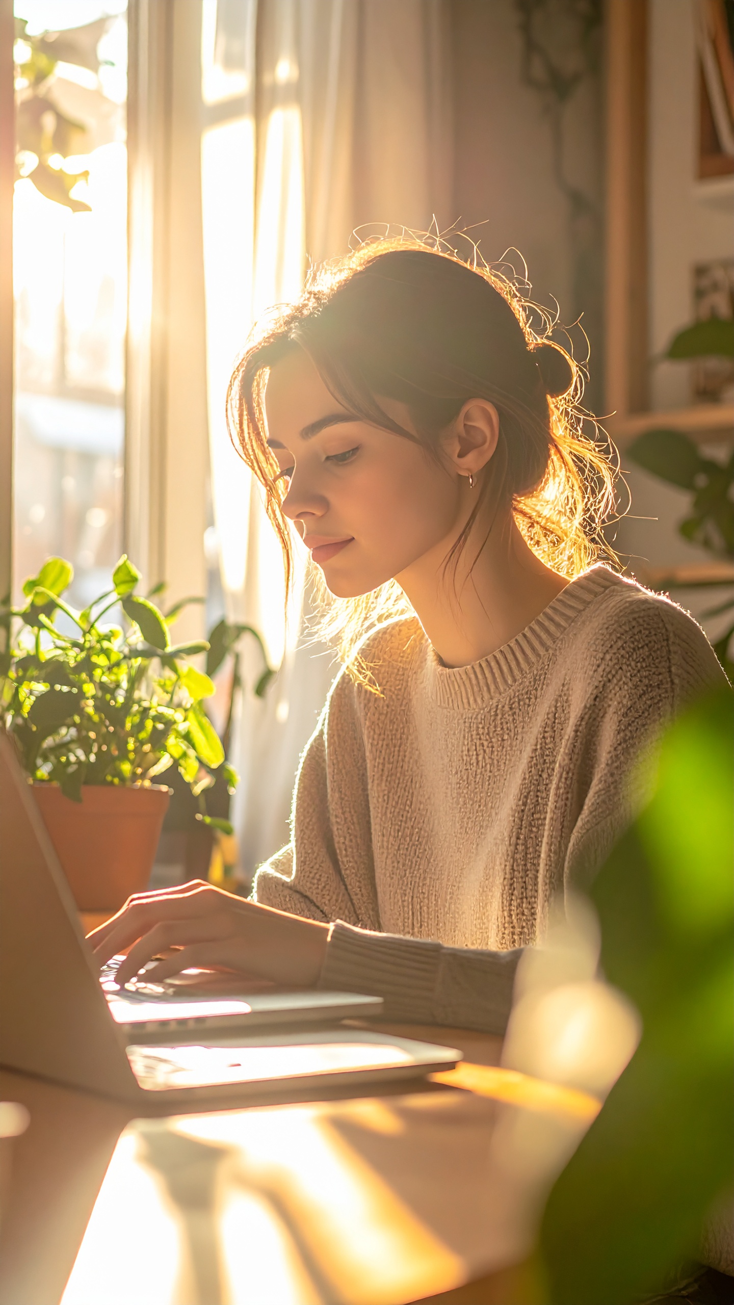 A woman in a cozy sweater works on a laptop bathed in warm sunlight
