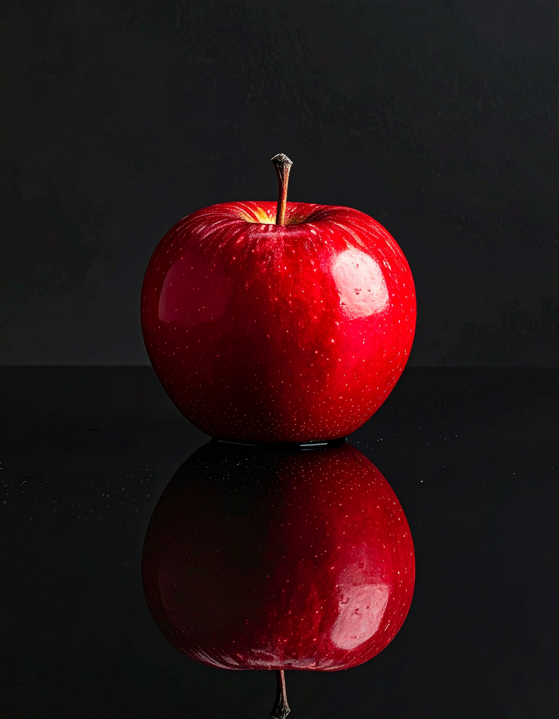 A vibrant red apple rests elegantly on a reflective black surface