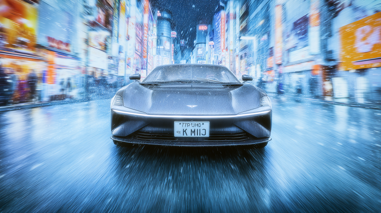 Carro esportivo futurista avança por rua iluminada de Tóquio à noite, com neon refletindo na chuva, capturando a essência de uma cena urbana cyberpunk dinâmica.