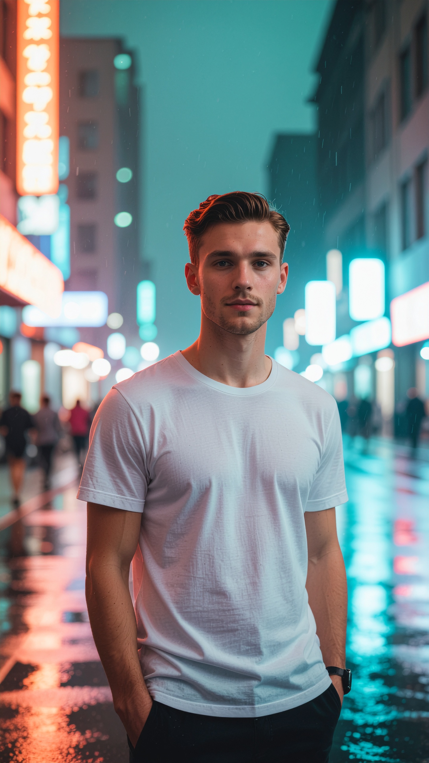 A young man in a white t-shirt stands confidently on a city street at night