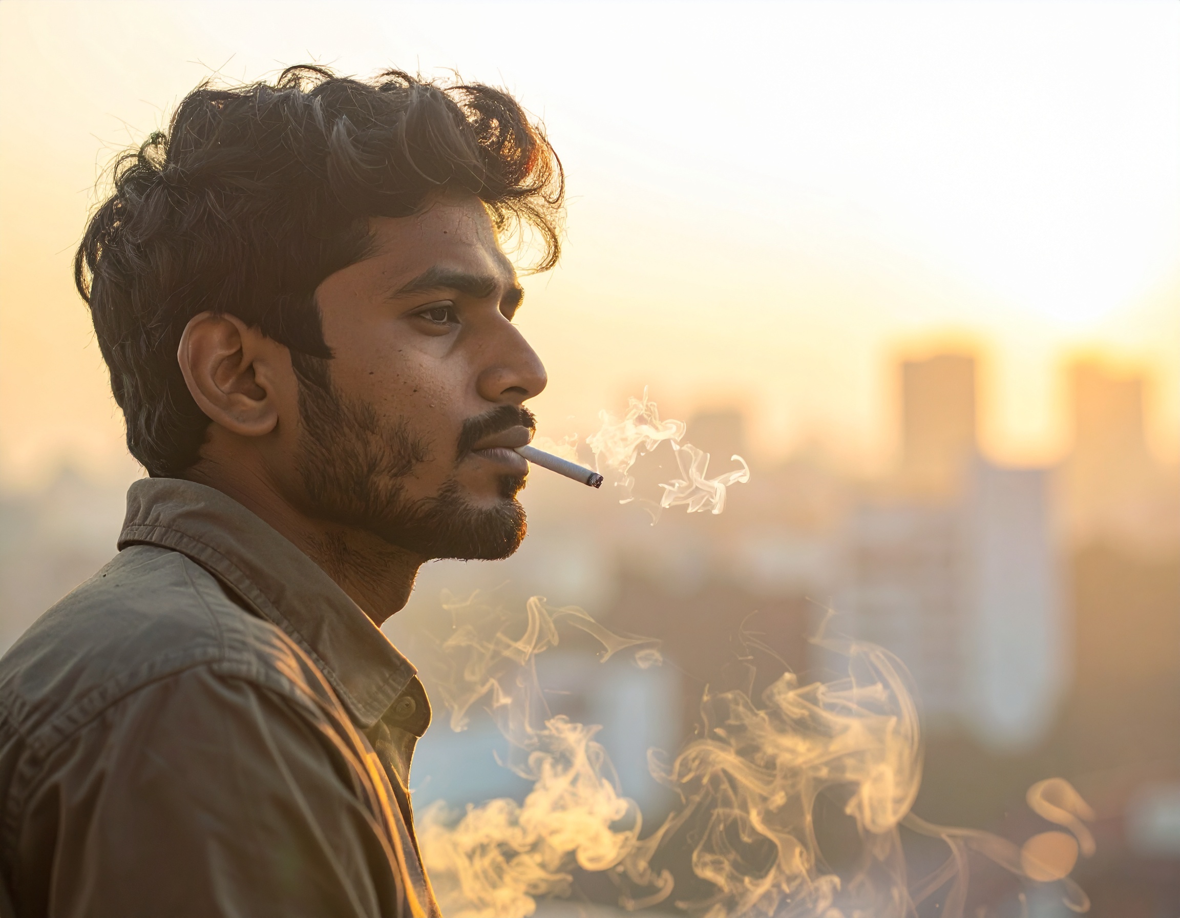 A thoughtful man smokes a cigarette against a sunset skyline
