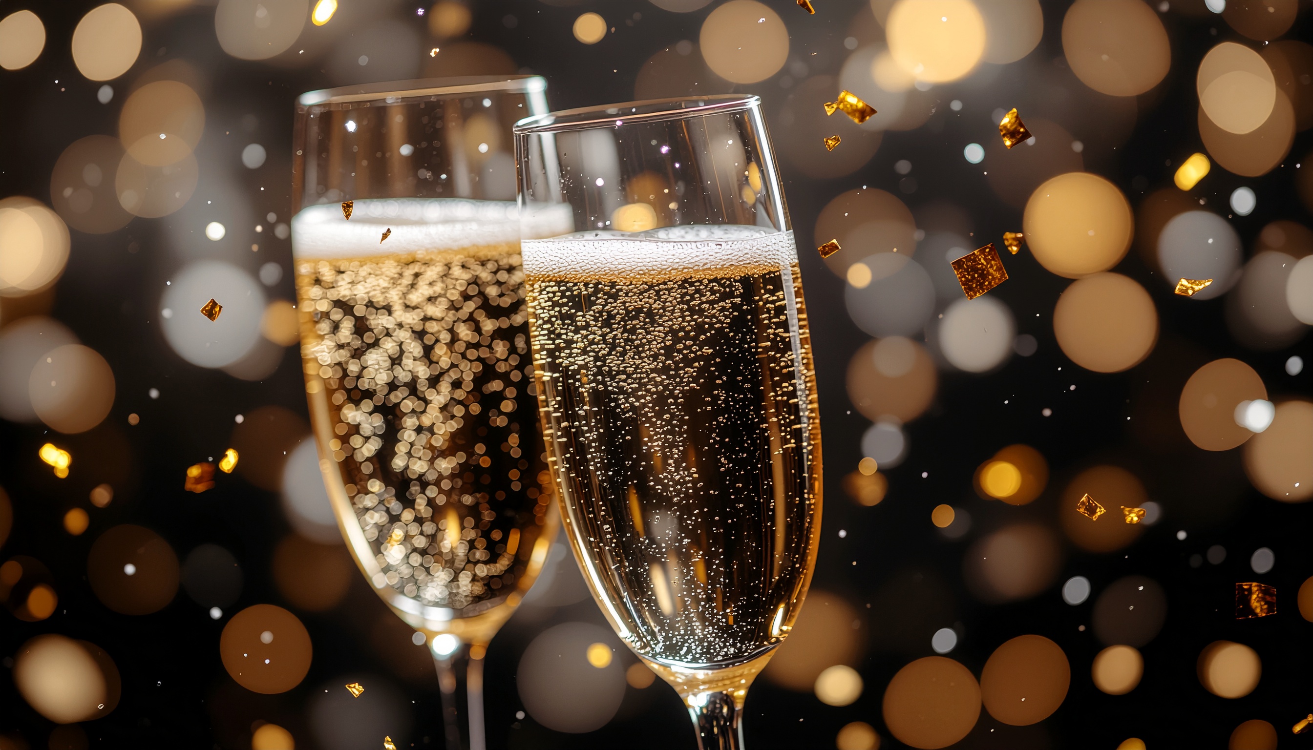 Two Sparkling Champagne Glasses on a Blurred Golden Lights Background
