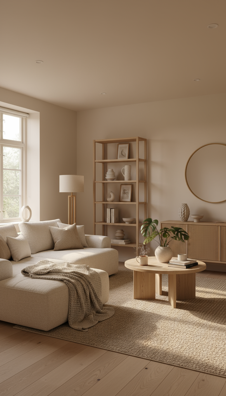 Sala de estar minimalista com sofá bege e almofadas coordenadas, mesa de centro de madeira clara com livros e vaso decorativo. Iluminação suave através de ampla janela lateral. Estante de madeira e decoração em tons neutros criam uma atmosfera acolhedora e serena. Composição equilibrada com foco em texturas naturais e organização harmoniosa.