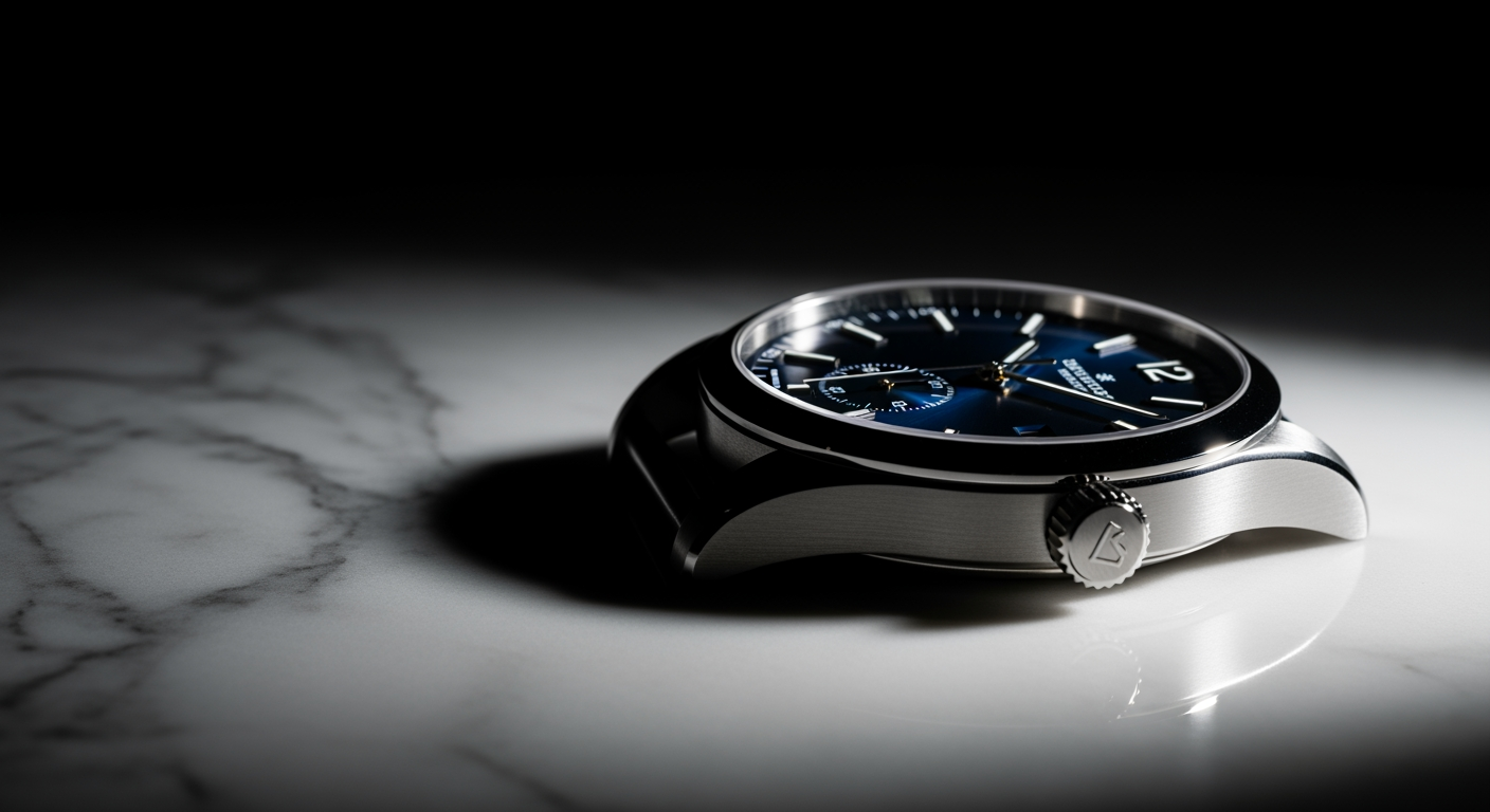 A sleek wristwatch with a metallic case and deep blue dial sits elegantly on a white marble surface