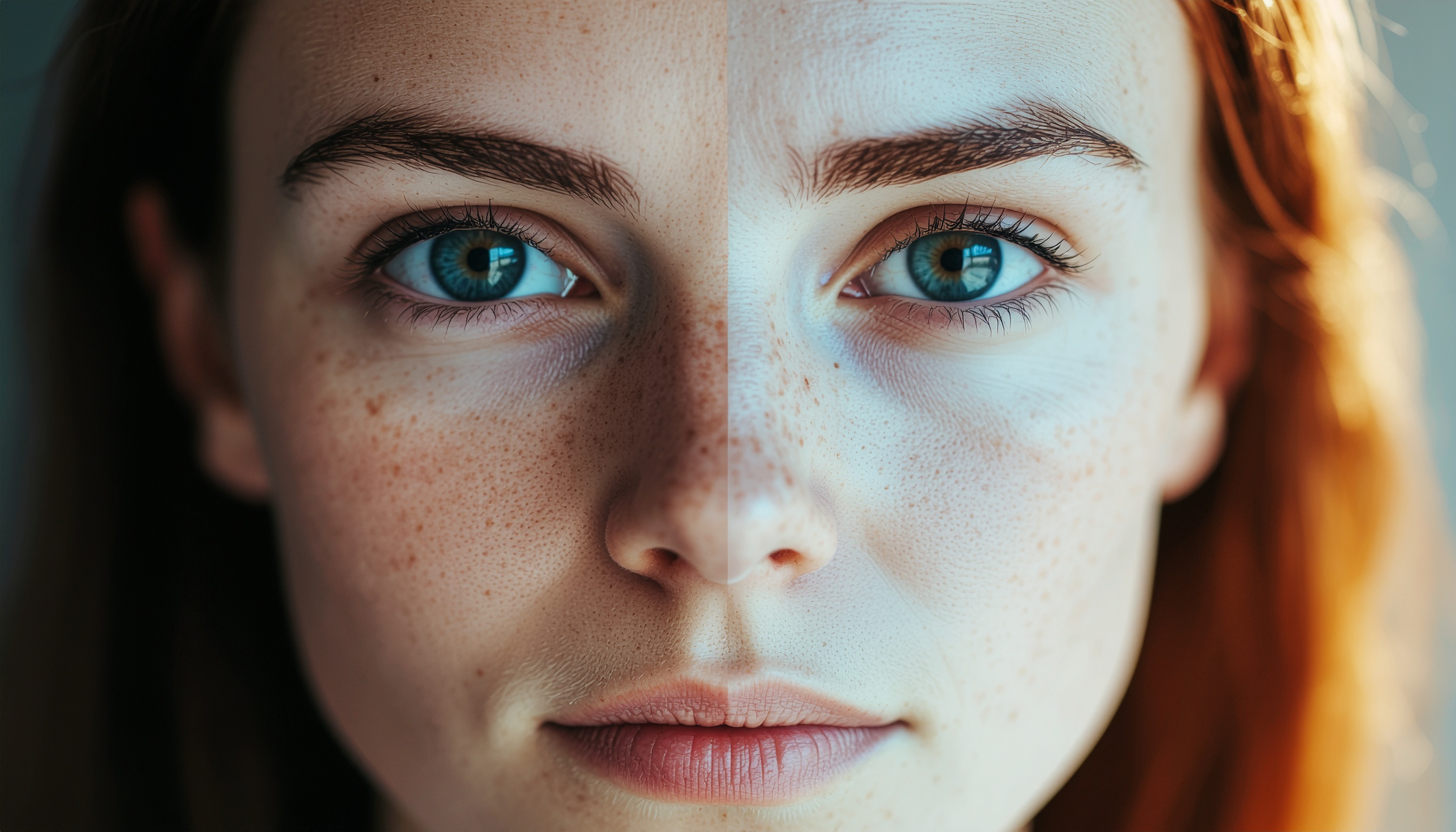 Close-up Portrait of a Woman with Blue Eyes and Freckles