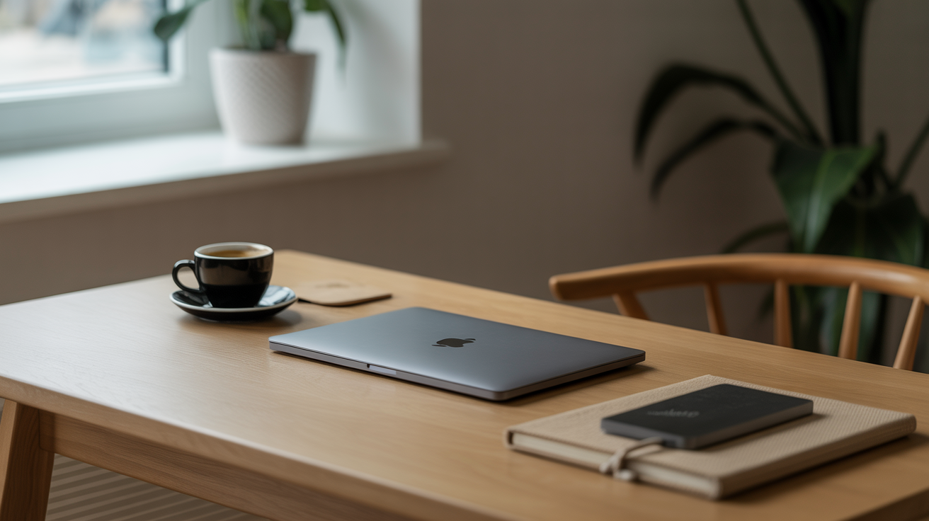 Cena minimalista com laptop fechado em mesa de madeira clara, ao lado de uma xícara de café preto e um caderno. Luz natural suave entra pela janela ao fundo, criando uma atmosfera calma e organizada. A composição destaca simplicidade e foco em trabalho ou estudo, com plantas adicionando um toque natural ao ambiente.
