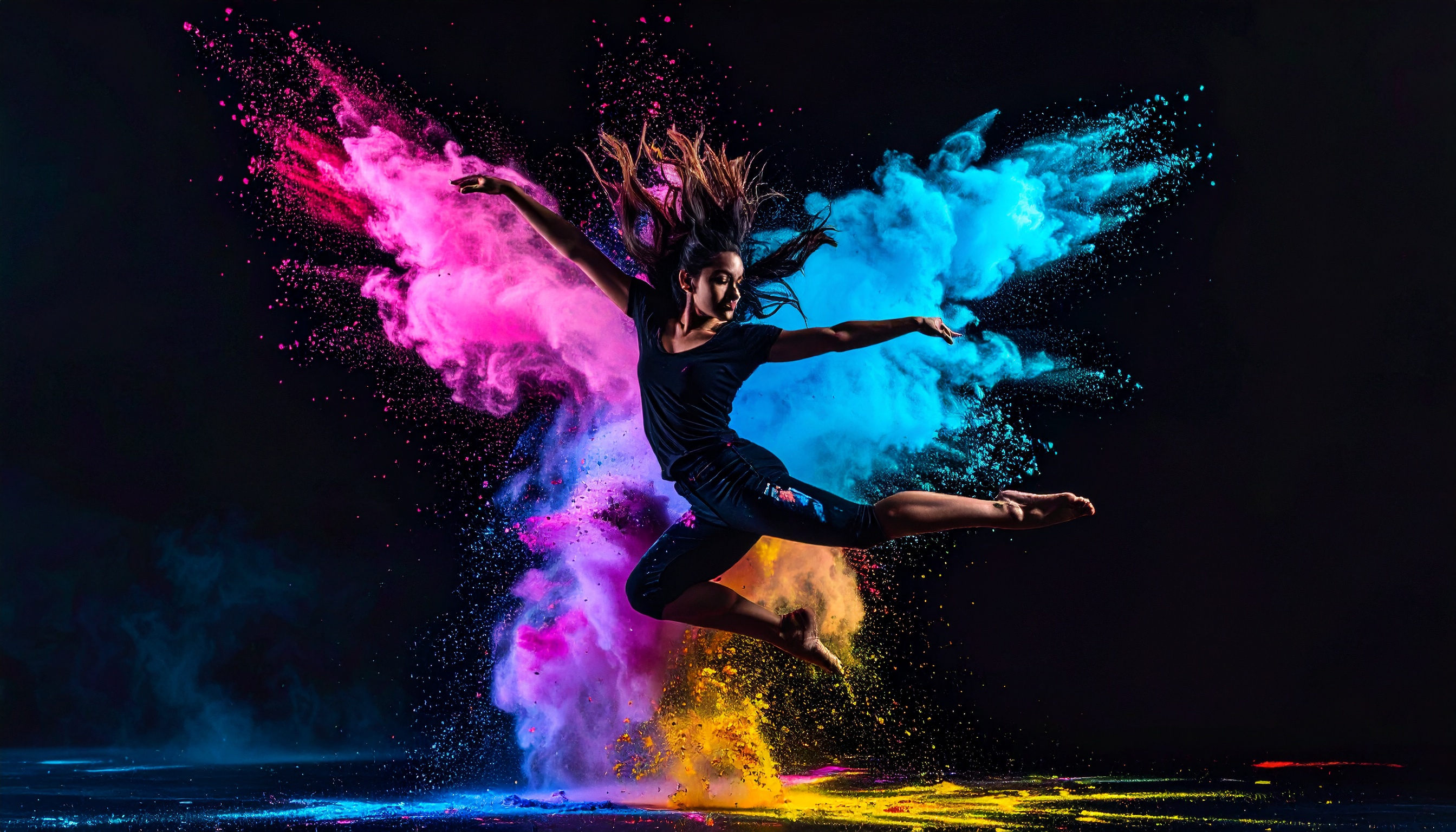 A dancer leaps gracefully amidst a vibrant explosion of colorful powders on a dark background