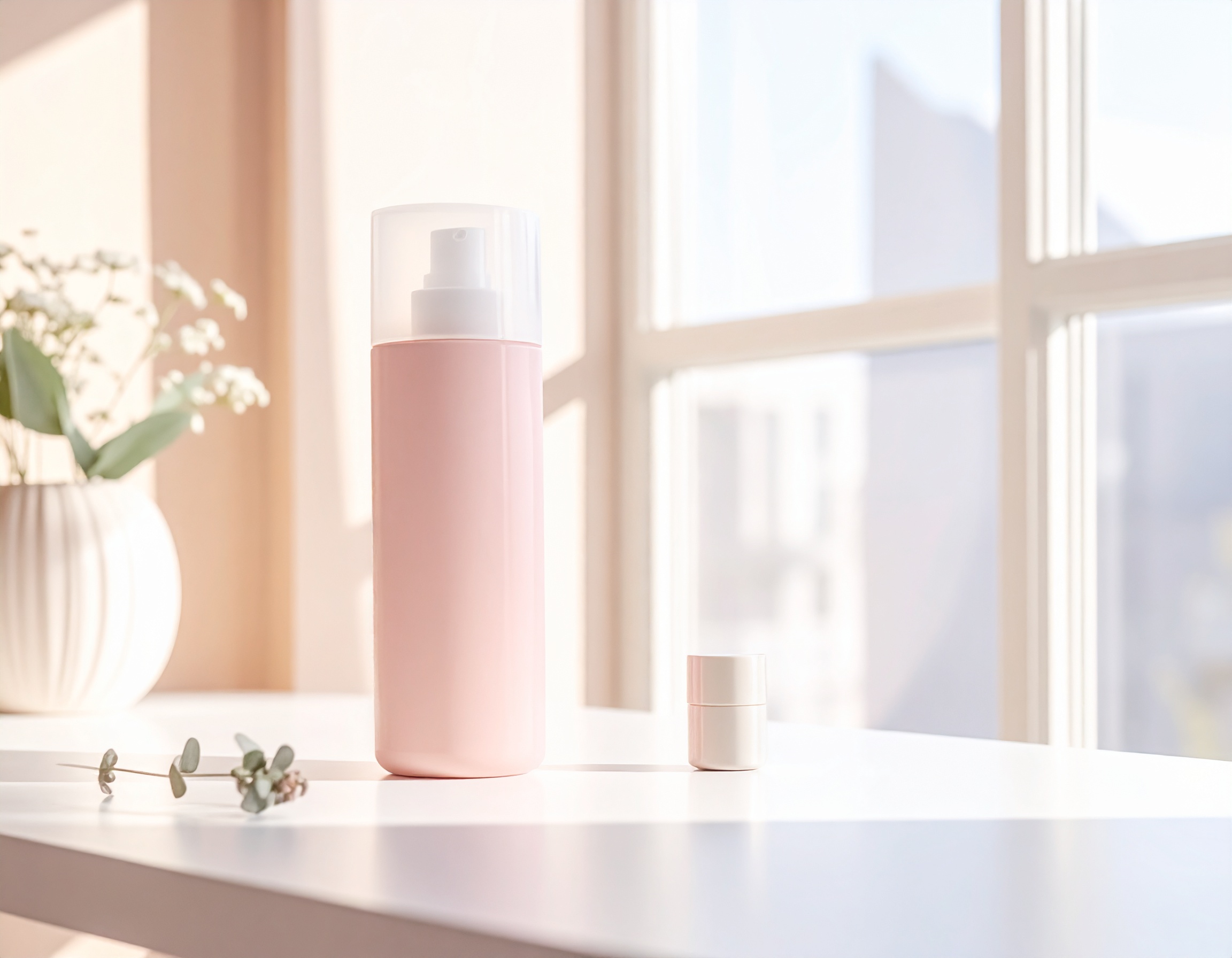 Cena minimalista com frasco rosa claro sobre mesa branca iluminada por luz natural suave, ao lado de vaso de cerâmica branca com flores delicadas. A paleta pastel e linhas suaves criam uma atmosfera serena.