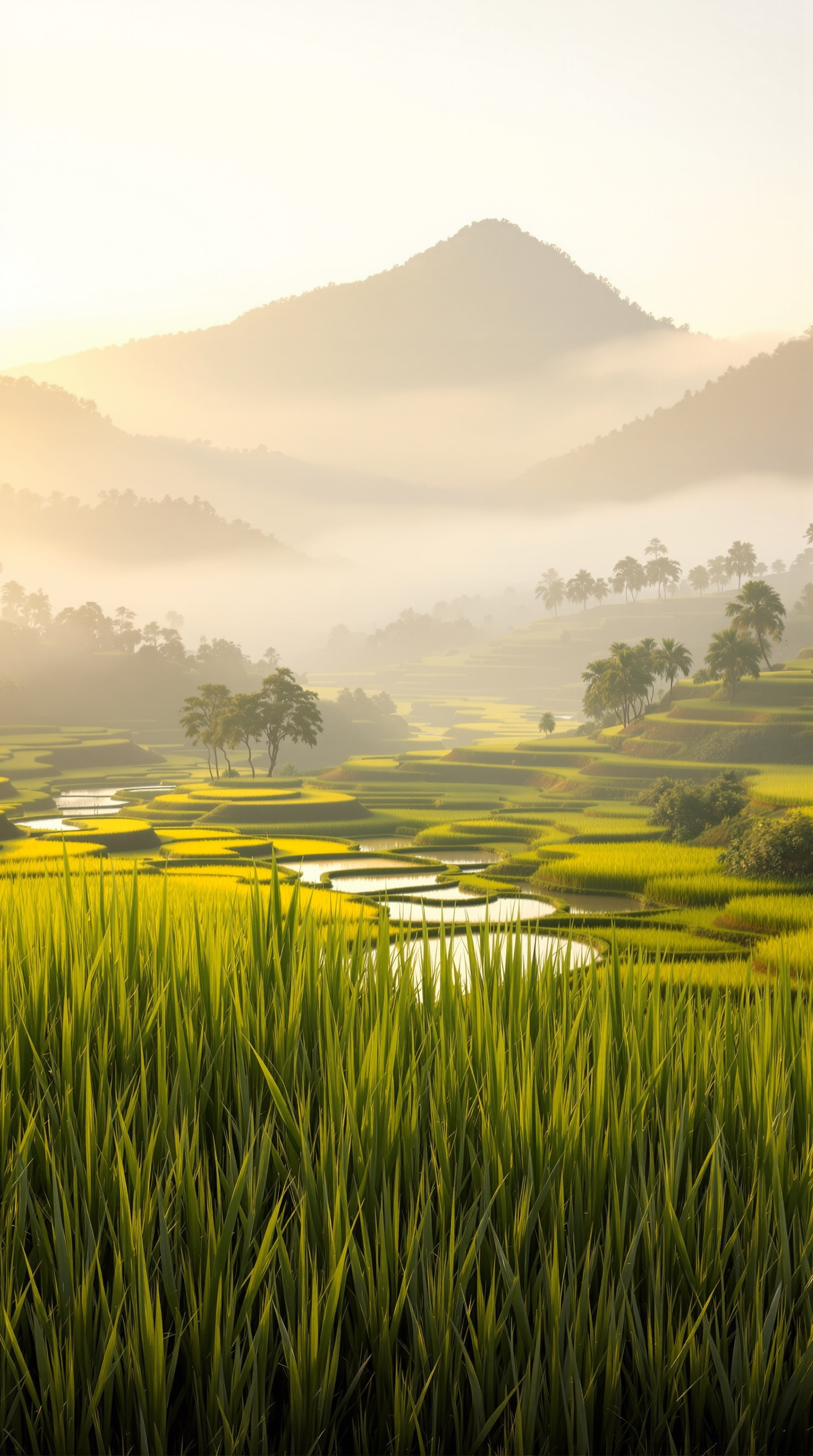 Lush green rice terraces stretch across rolling hills under a misty morning sky