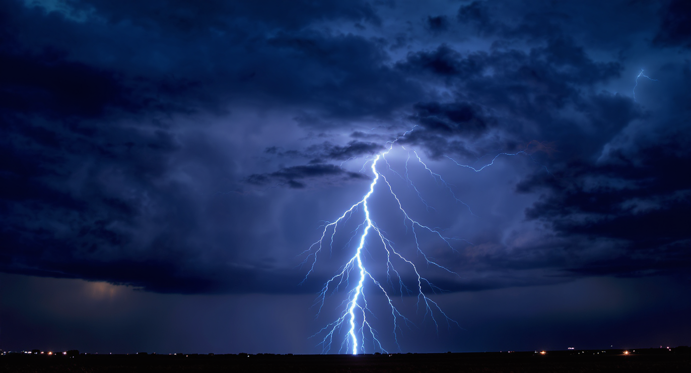 A powerful lightning bolt strikes against a dramatic night sky, illuminating the clouds