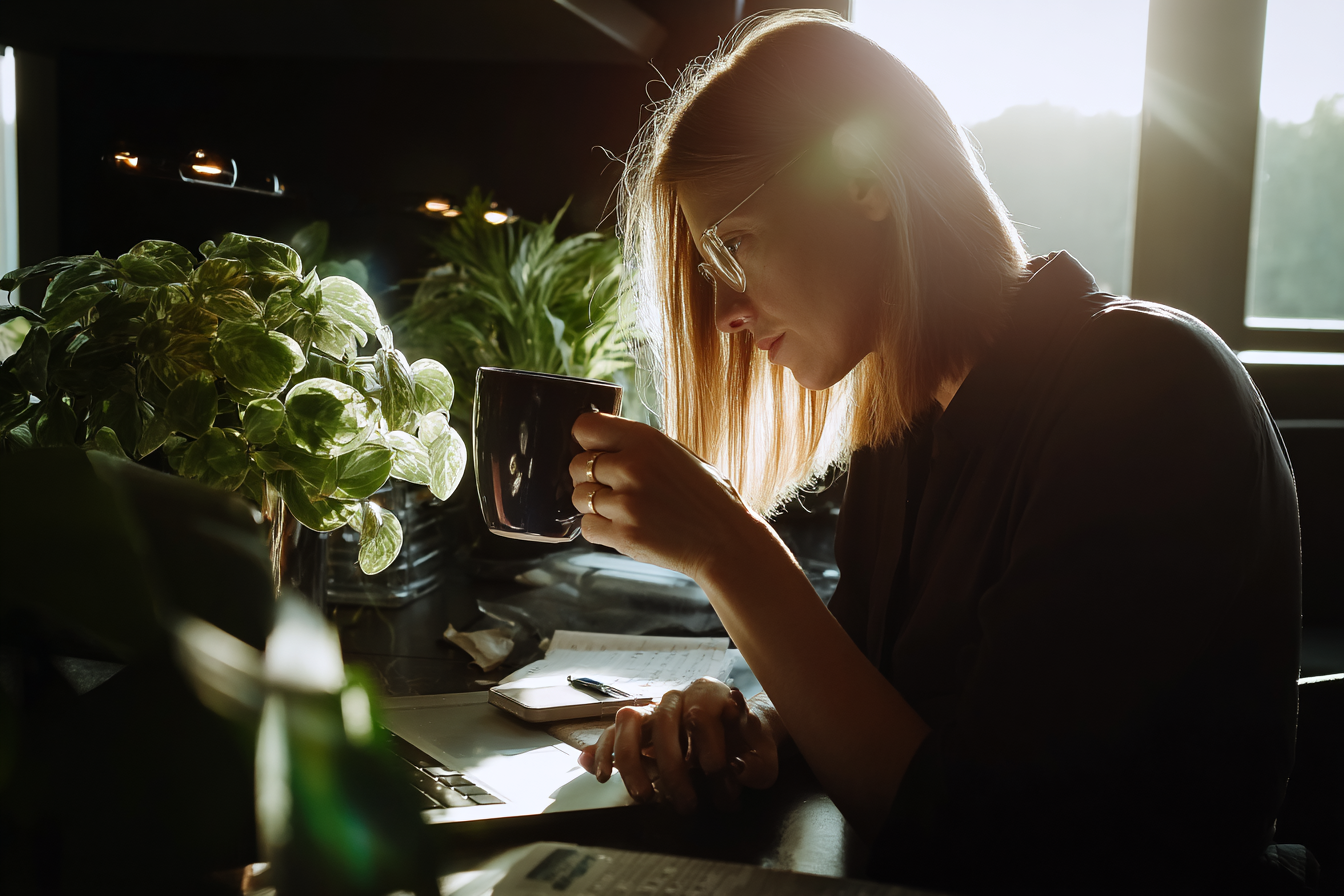 Mulher de óculos aprecia uma xícara de café em um ambiente iluminado pelo sol, com plantas ao fundo e um laptop sobre a mesa, transmitindo calma e concentração.