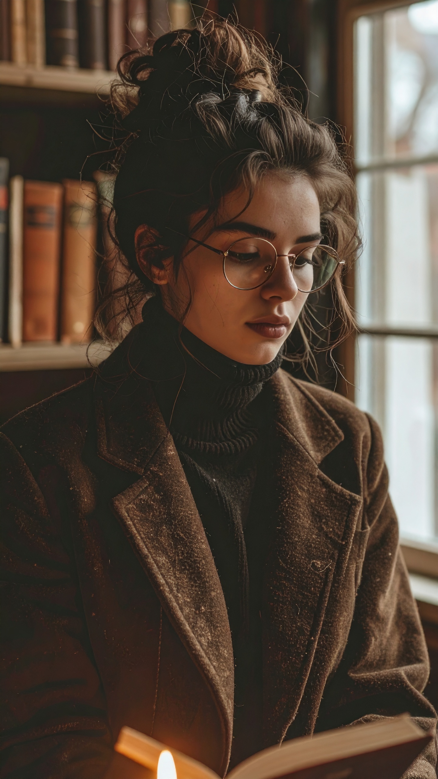 A woman in a cozy library setting reads a book by candlelight