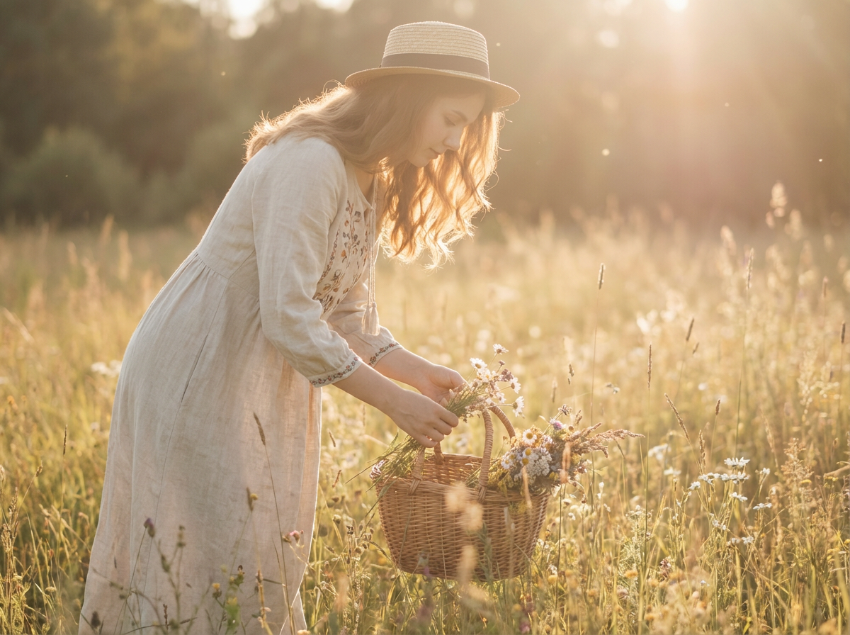 A woman in a light, embroidered dress gathers wildflowers in a sunlit meadow