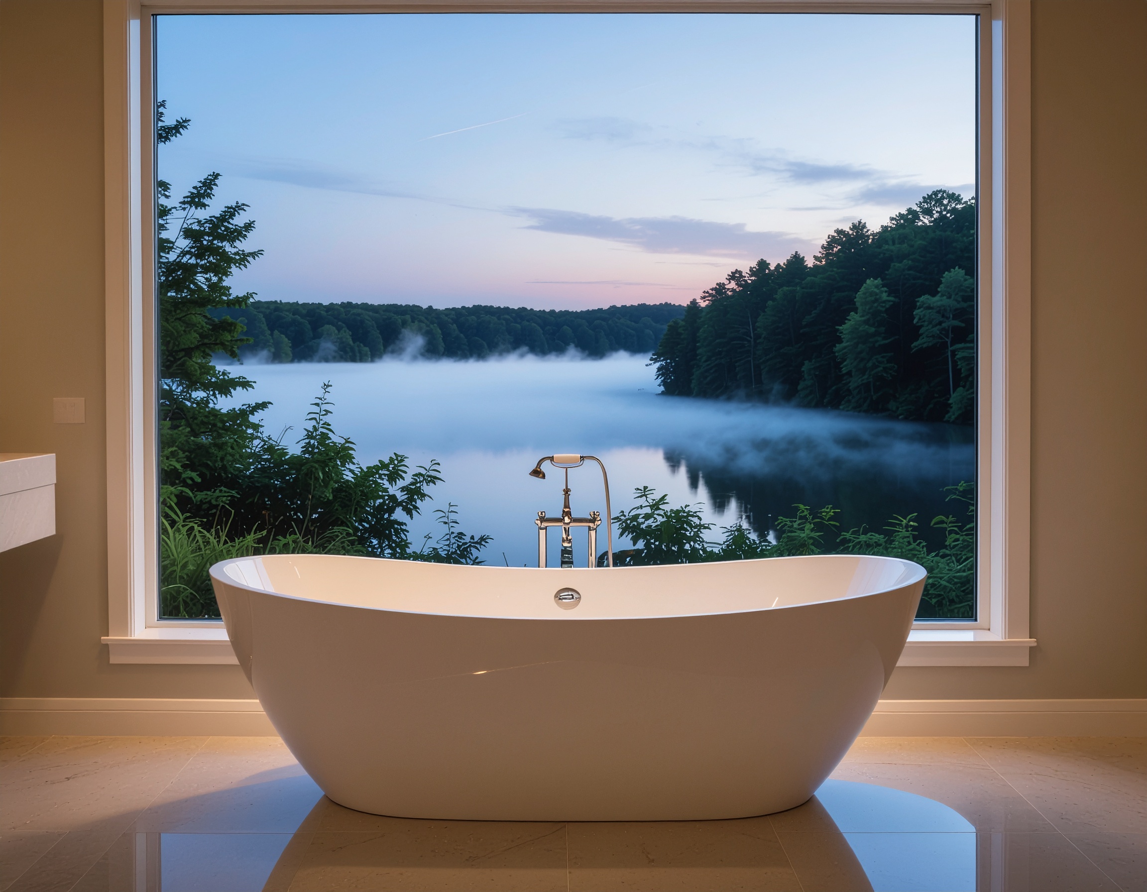 Modern Bathtub in Luxurious Bathroom with Panoramic Lake View