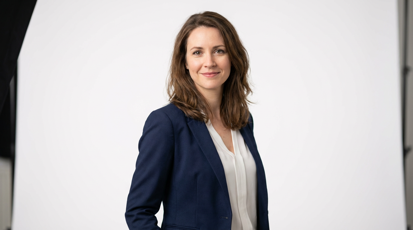 Professional woman in a navy blazer against a clean white background