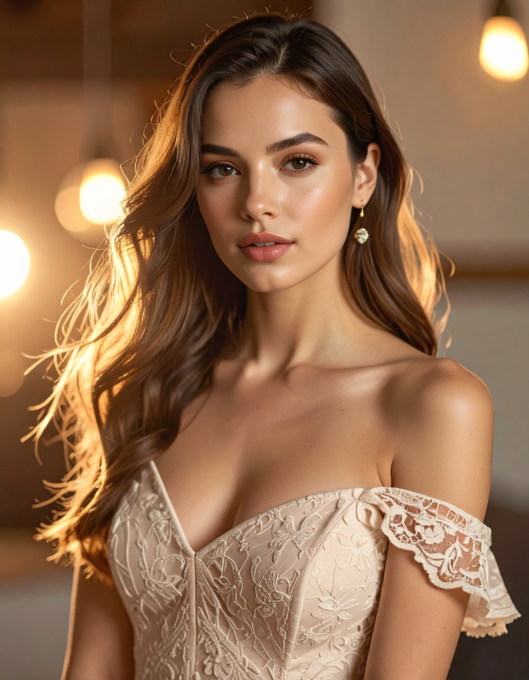 A woman in an elegant off-shoulder lace dress stands against a warm, softly lit backdrop