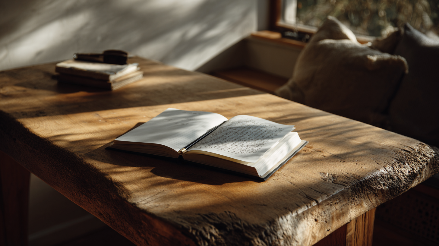 Uma mesa de madeira rústica com um livro aberto e um caderno ao fundo, iluminada pela luz natural que entra pela janela. A cena transmite uma atmosfera acolhedora e inspiradora, ideal para leitura ou escrita.