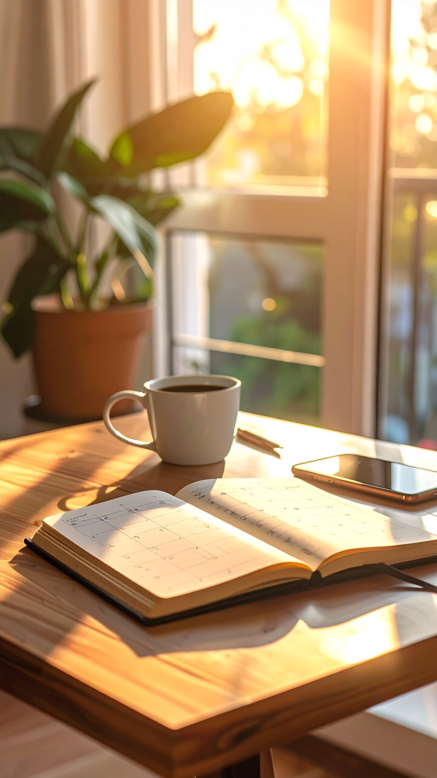 A cozy morning setup with a planner, coffee cup, and smartphone on a sunlit wooden table