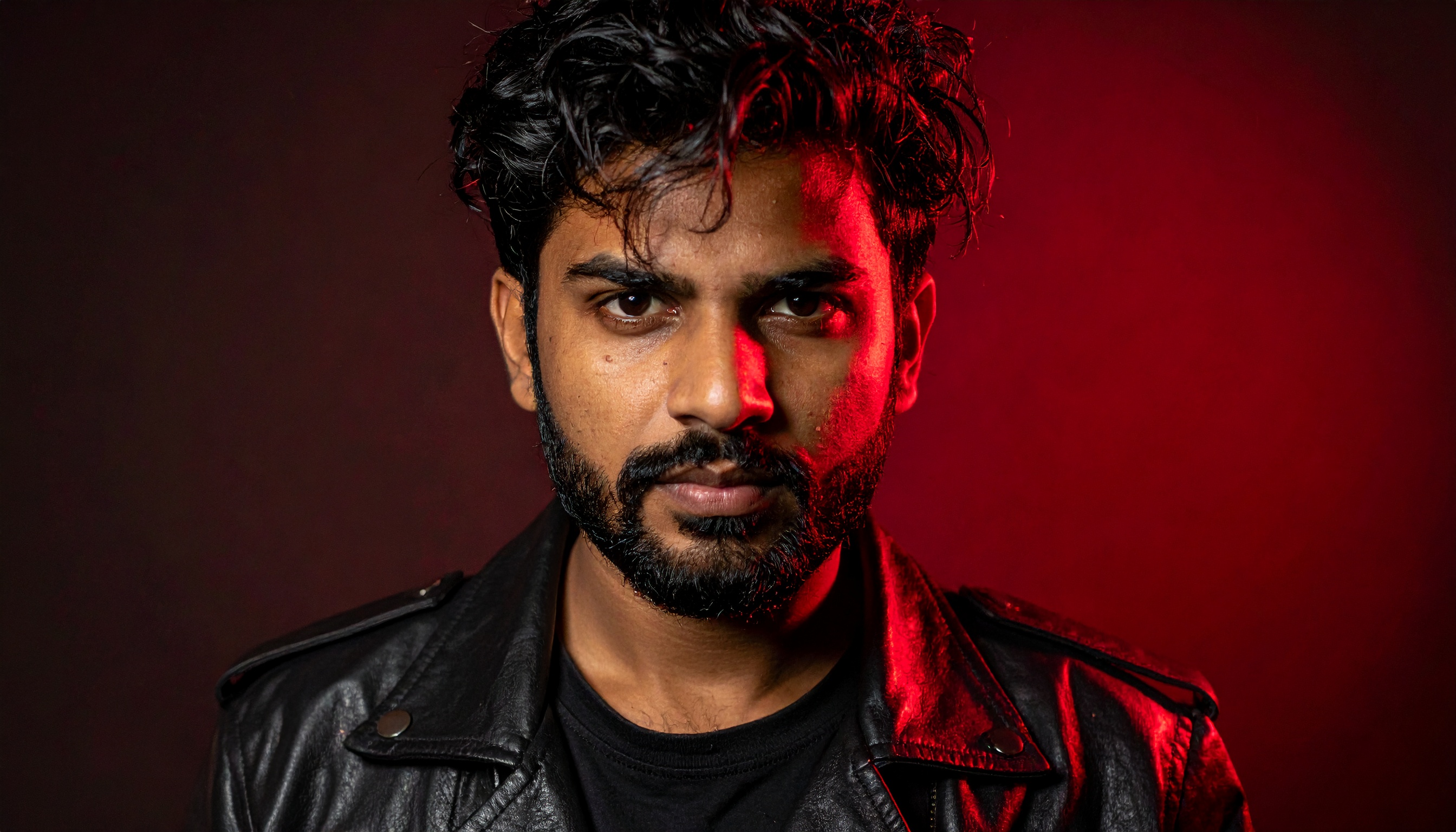 A man in a leather jacket is dramatically lit with red lighting