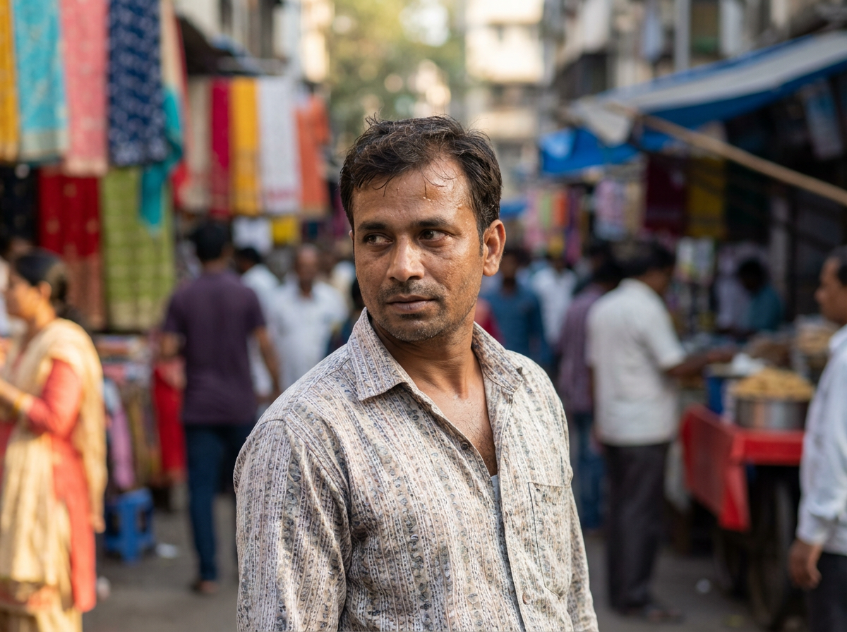 A man stands in a bustling street market, surrounded by vibrant fabrics and busy shoppers