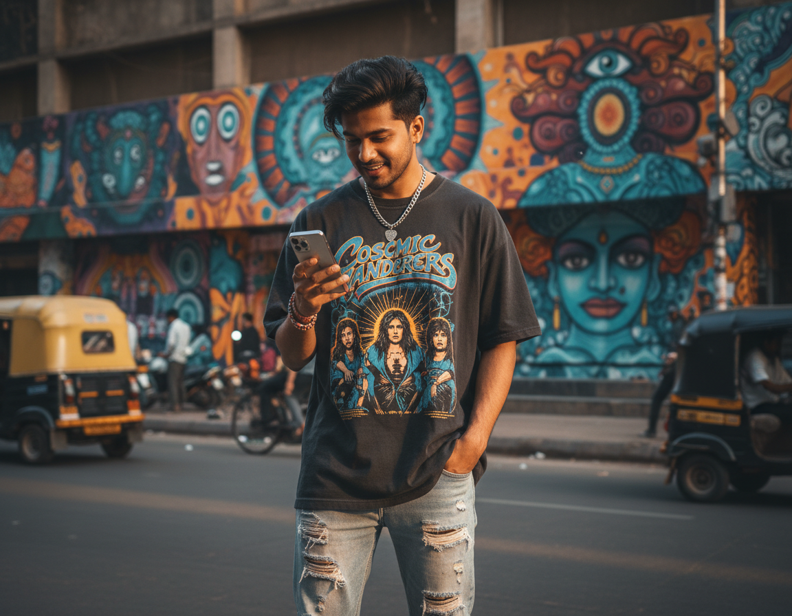 A young man wearing a graphic t-shirt stands before a vibrant urban mural in a bustling street